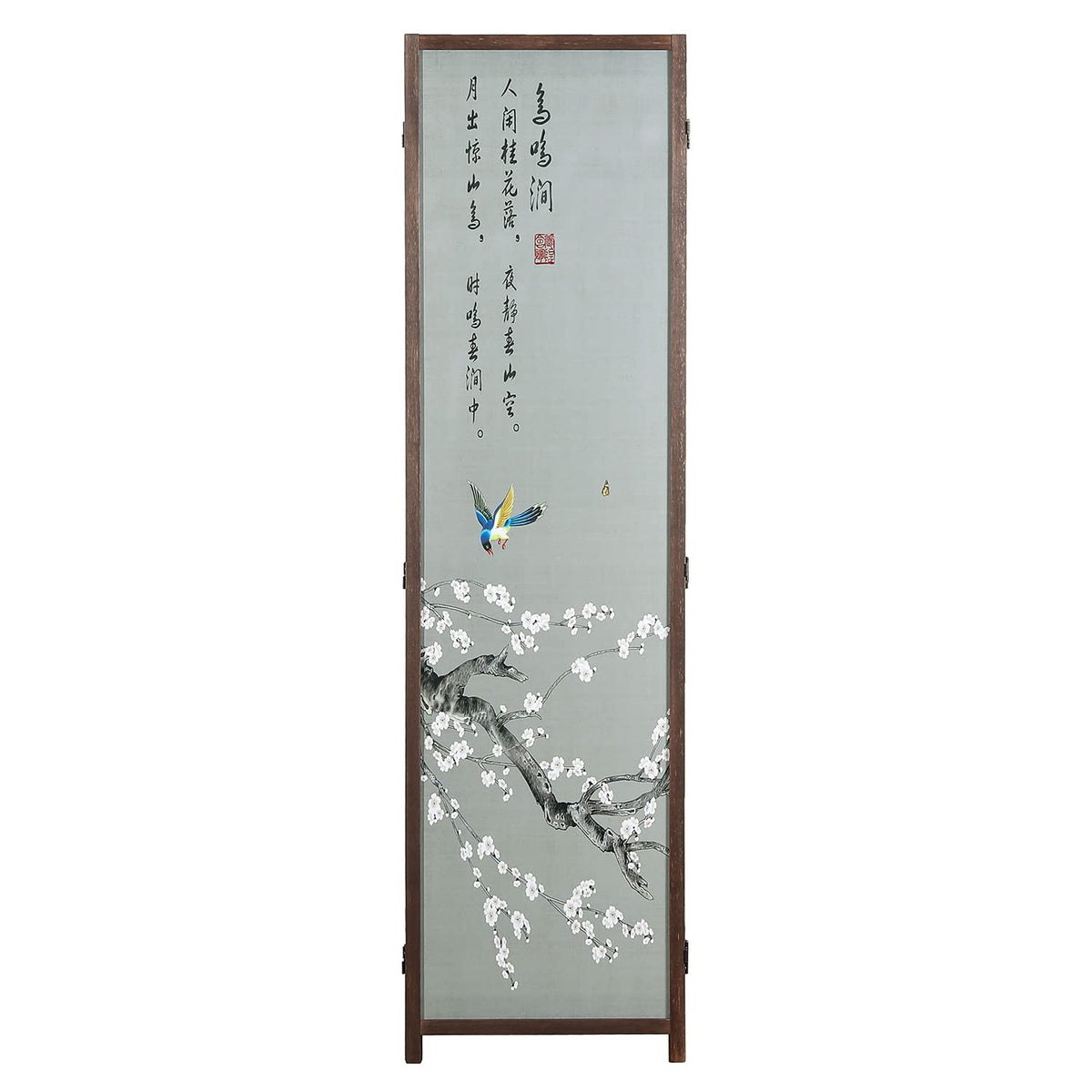 MyGift 4-Panel Asian-Inspired Folding Room Divider with Cherry Blossom Tree & Bird Design Poetry Calligraphy and Brown Wooden Frame 78''W x 70.5''H(6FT)