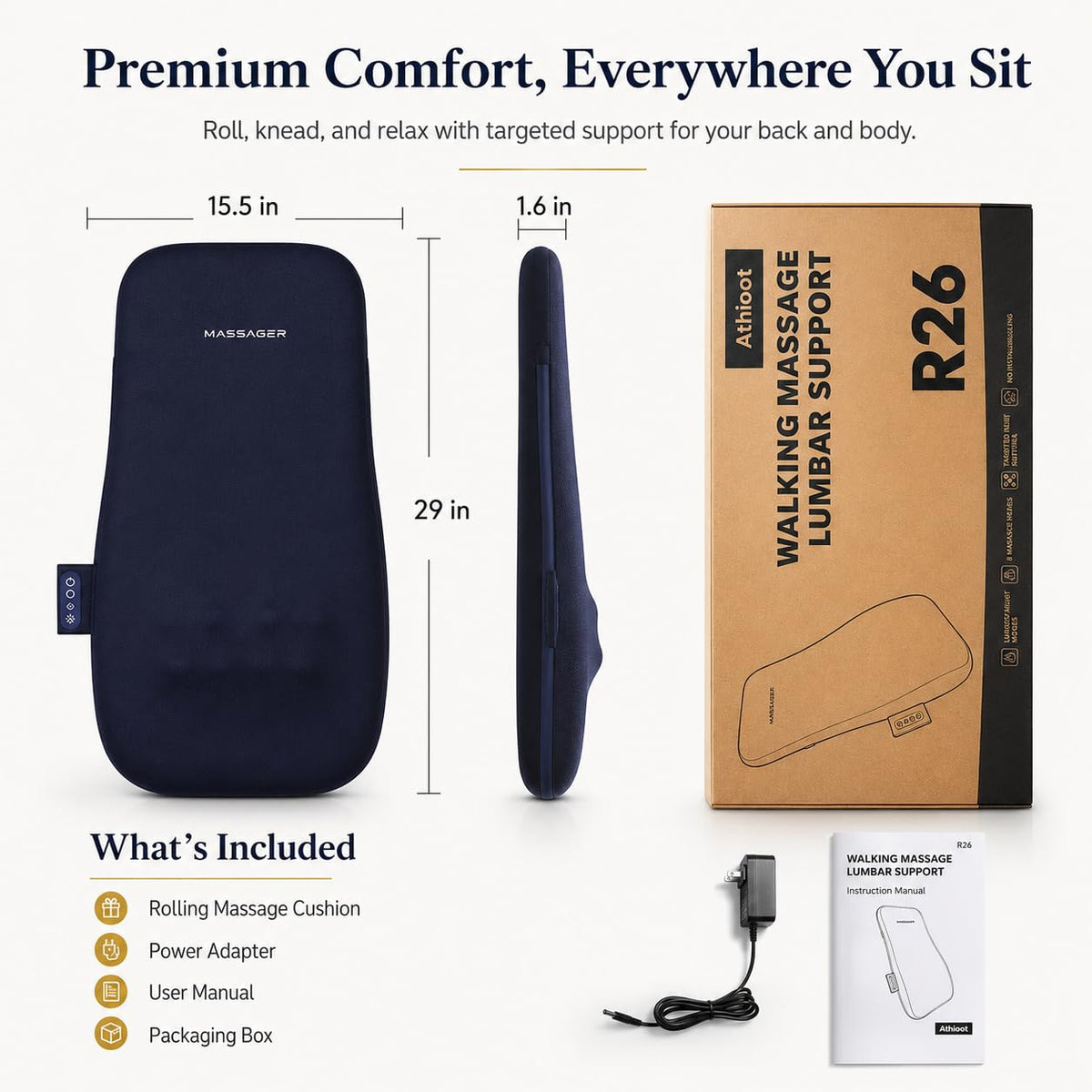 Athloot Back & Neck Massager with Heat for Pain Relief, FSA Full-Length Rolling Massage Cushion for Upper & Lower Back, 3 Modes, 2 Heat Levels, 15-Min Auto-Off, Slim Lumbar Support, HSA Eligible