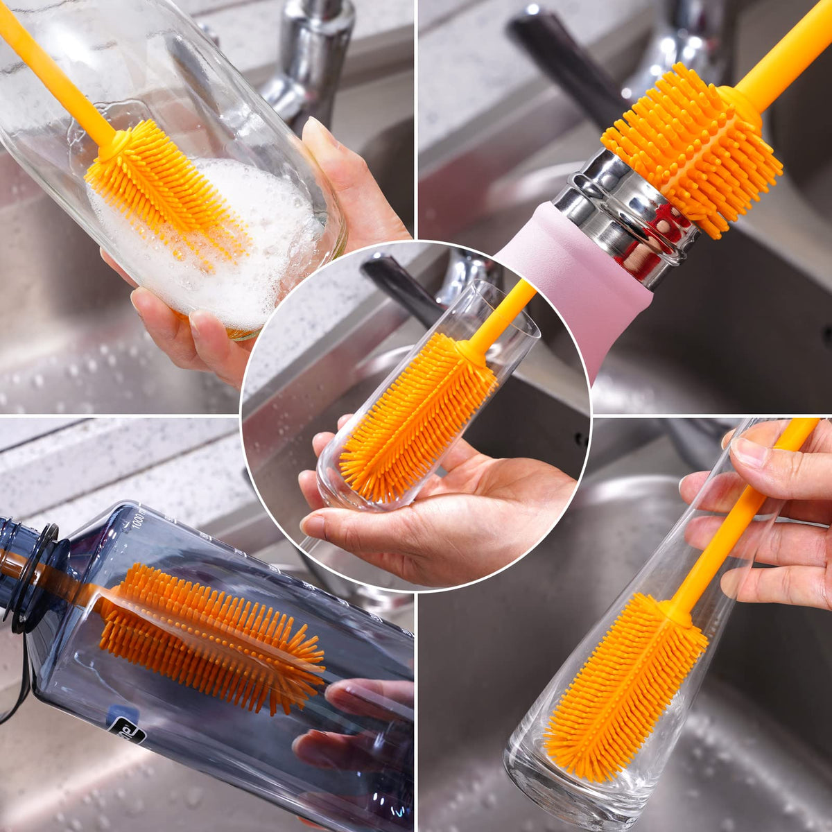 Purtribe Silicone Bottle Brush, Water Bottle Cleaner Brush with Long Handle, Perfect for Cleaning Narrow Neck Containers, Vacuum Sports Bottle, Tumblers, Flask, Glassware (1 Pack, Red)