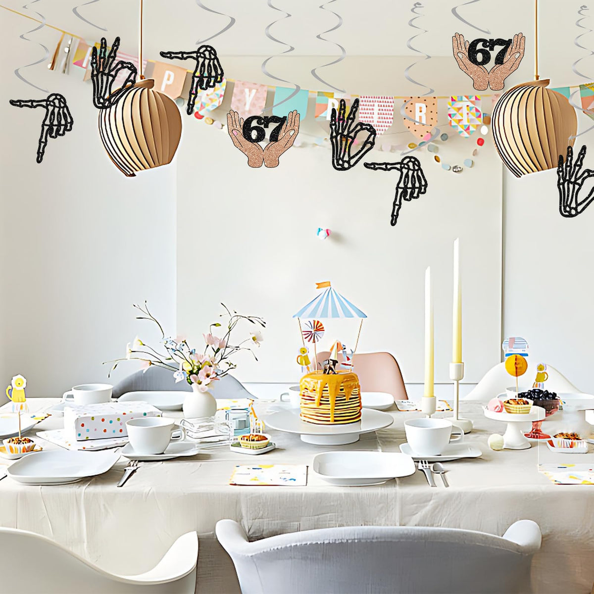 24pcs 6 7 Skeleton Hands Hanging Swirl Decorations, Funny Six Seven Ceiling Whirl Streamer Hanging Banner, 6 7 with Hands Hanging Swirls for Birthday/Anniversary Party Decoration