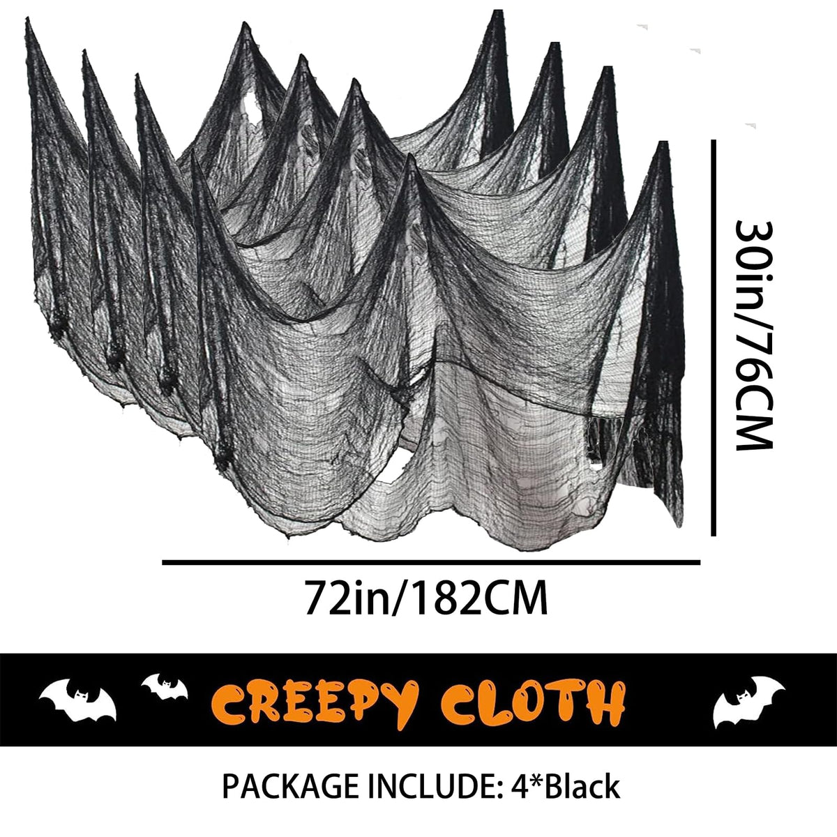 4 Pack Halloween Creepy Cloth Decorations, 30X72 Inch Black Scary Halloween Gauze Cloths, Spooky Cloth for Haunted House, Outdoor Patio, Garden, Halloween Indoor Wall Windows Black Cheesecloth Decor
