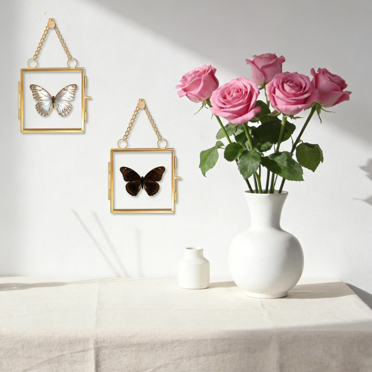 Orepzinc 4 Pcs Mini Brass Wall Hanging Photo Frame, Square Glass Hanging Picture Artwork Display Frame, Double Glass Floating Frame Style Gallery Wall for Picture, Pressed Flower (3.5x3.5 inch)
