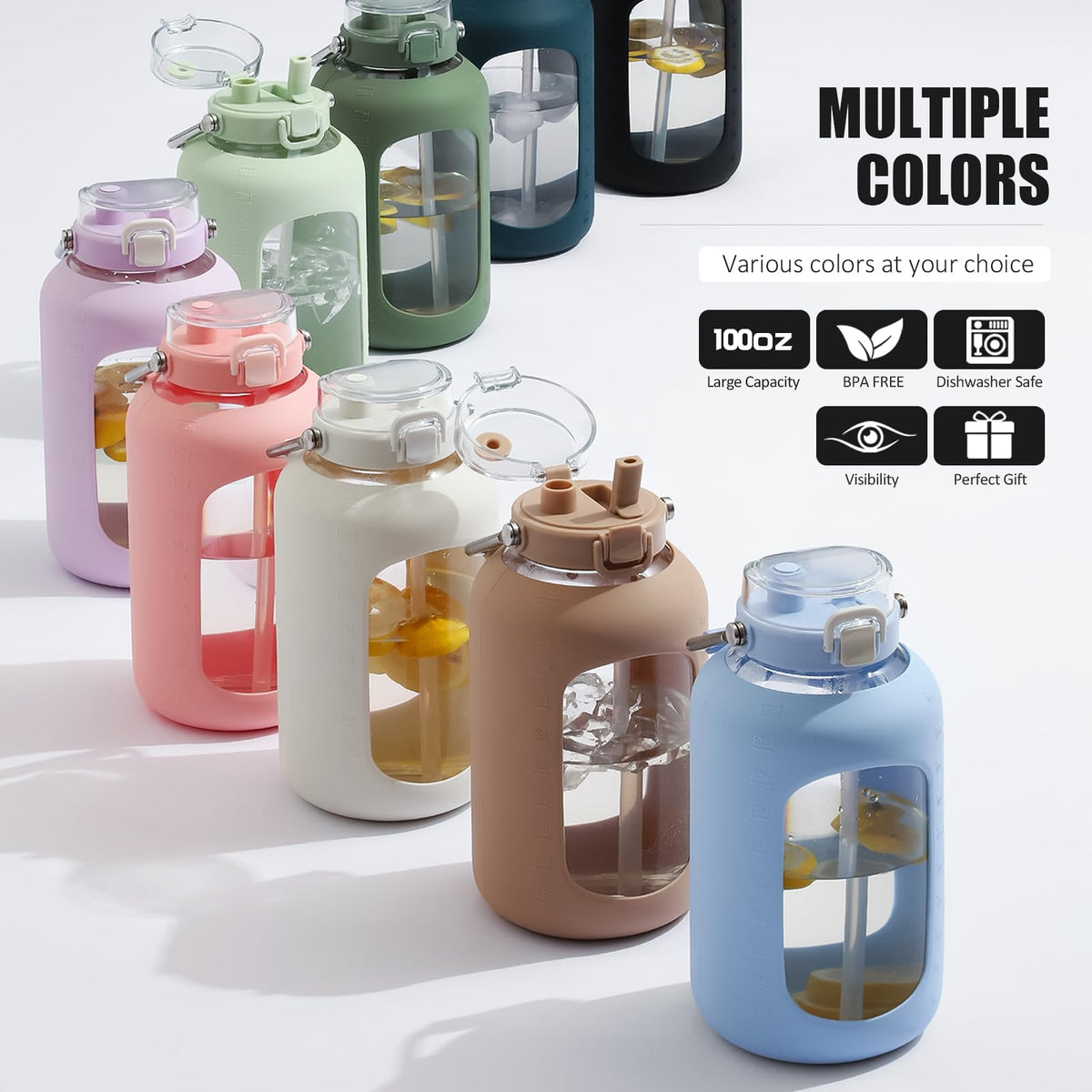 WINSA Large Glass Water Bottles with Stainless Steel Handle,100 oz Gallon Drinking Bottle with 2-in-1 Straw Lid,3 Liter Glass Water Jug with Silicone Sleeve,Wide Mouth,Amber