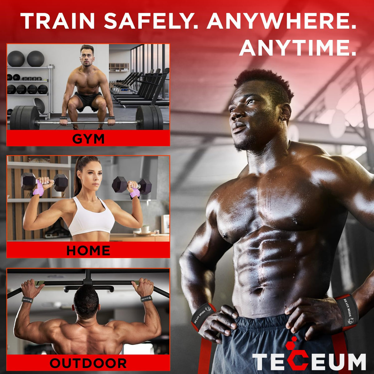 TECEUM Lifting Wrist Straps with Neoprene Padding Support ā Navy Blue ā Beast Mode ā Heavy Duty Wrist Workout Straps For Men and Women ā Ideal for Powerlifting, Strength Training, Bodybuilding