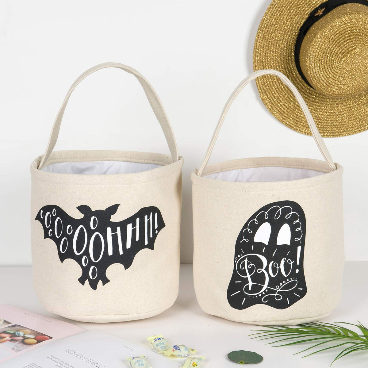 3 Pcs Halloween Trick or Treat Bucket - Candy Basket Tote Bag for Kids(Magic Hat, Ghost, Bat)
