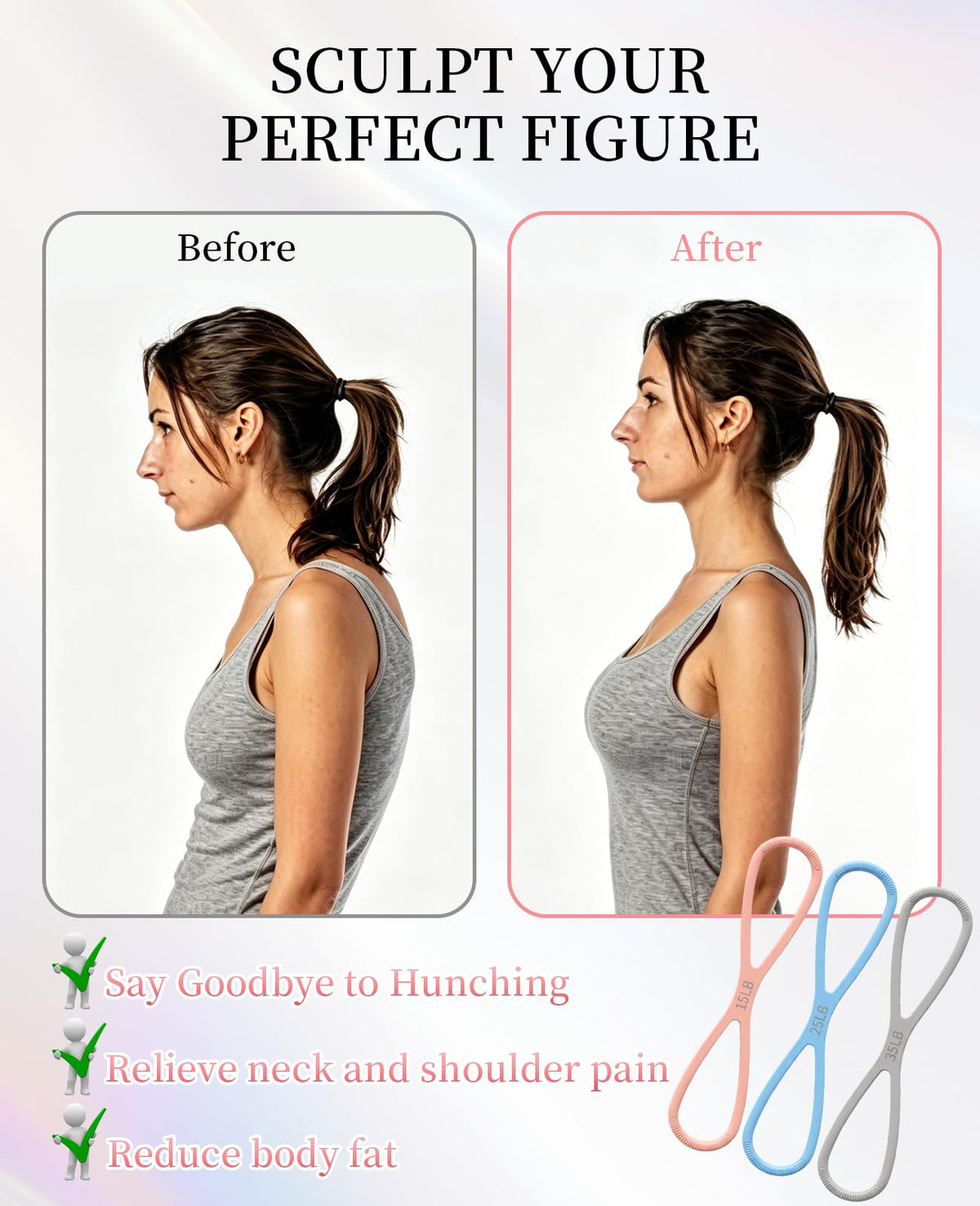 Waaqkid Figure 8 Resistance Band, 3pcs 15&25&35 Lbs Silicone Arm Posture Resistance Bands with Non-Slip Handles for Full Body Workout