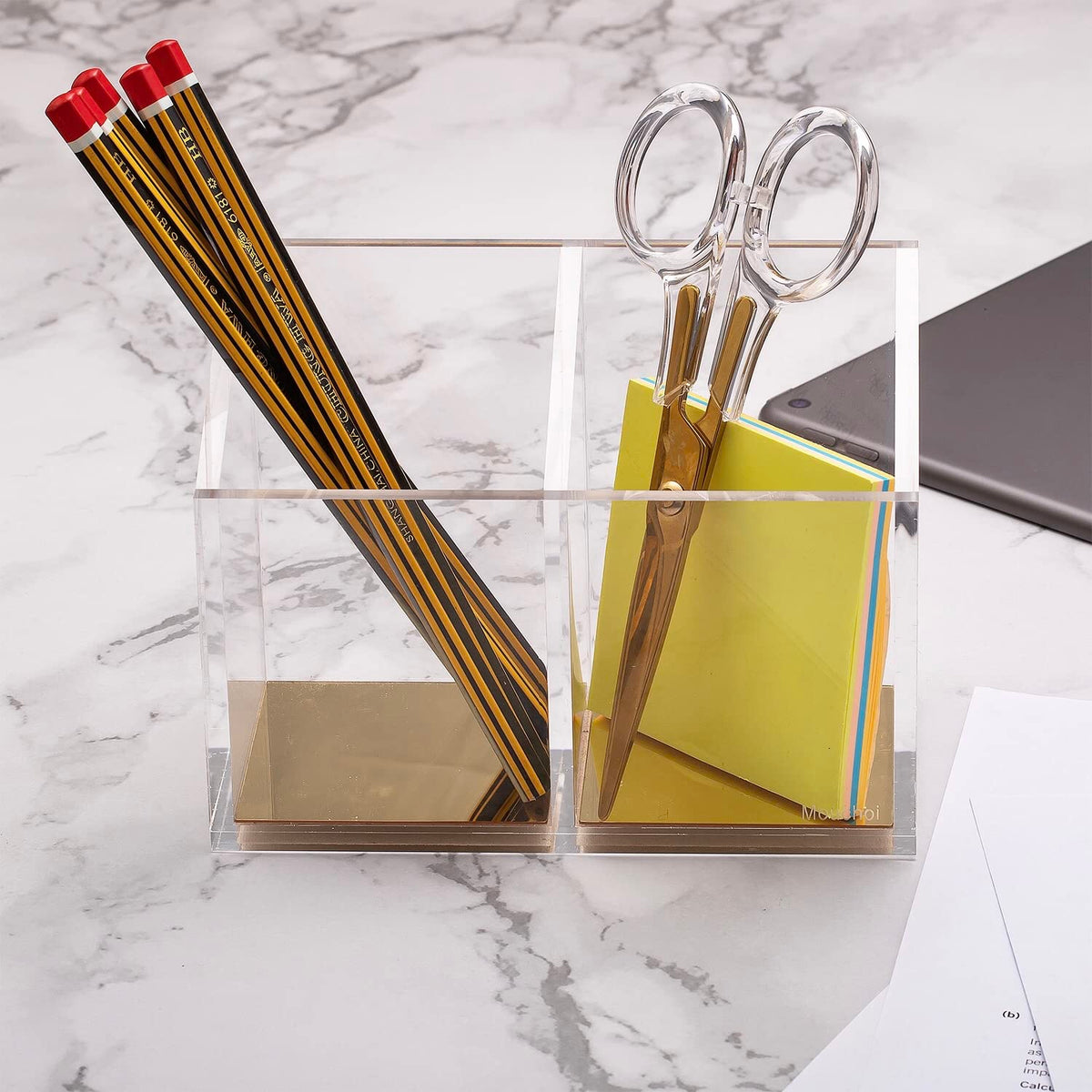 Mouchoi Modern Acrylic Pen Holder with 2 Compartments Gold Base, Multifunctional Pencil Holder for Desk Gold Mirror, Makeup Brush Holder, Marker Holder for Office, Classroom, Home
