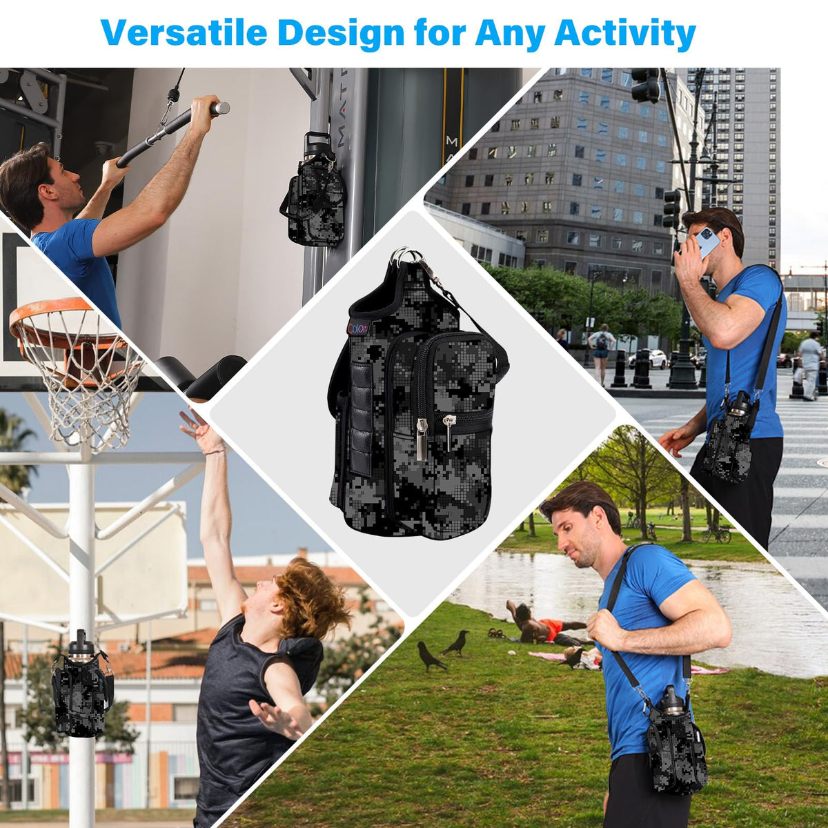 icolor Magnetic Gym Bag Water Bottle Holder with Phone Pockets,5 Built-in Magnets Gym Magnetic Bag Pouch Attach to Fitness Equipment,Diameter 3.9" Bottle Carrier Sling Bag