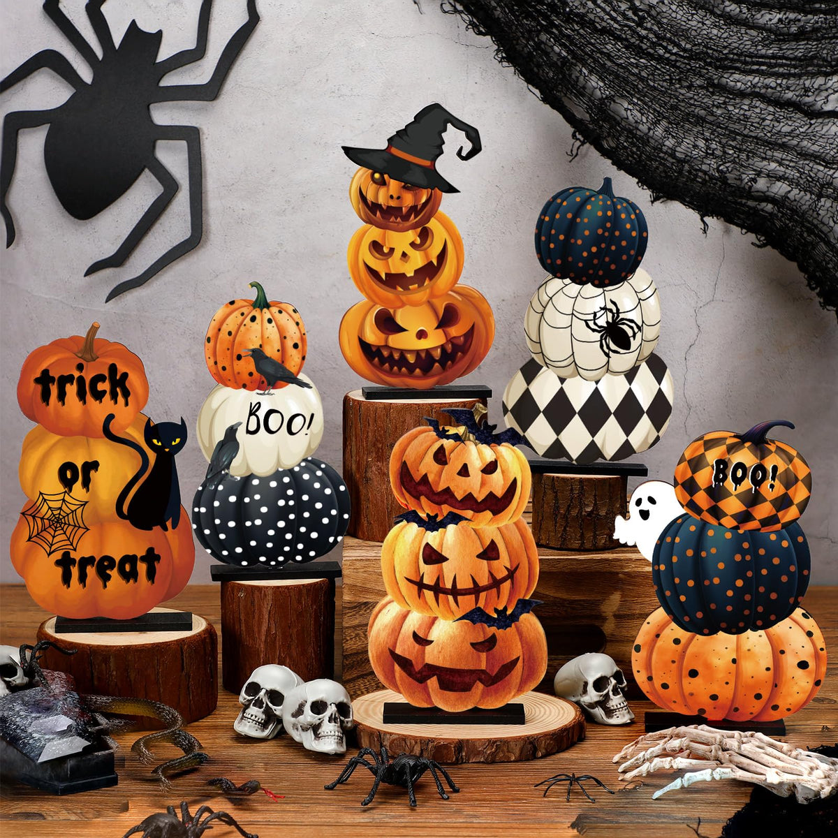 Soaoo 6 Pcs Halloween Table Decoration Pumpkin Table Centerpiece Home Ornament Indoor Wooden Sign for Halloween Party Dinner Kitchen Decor