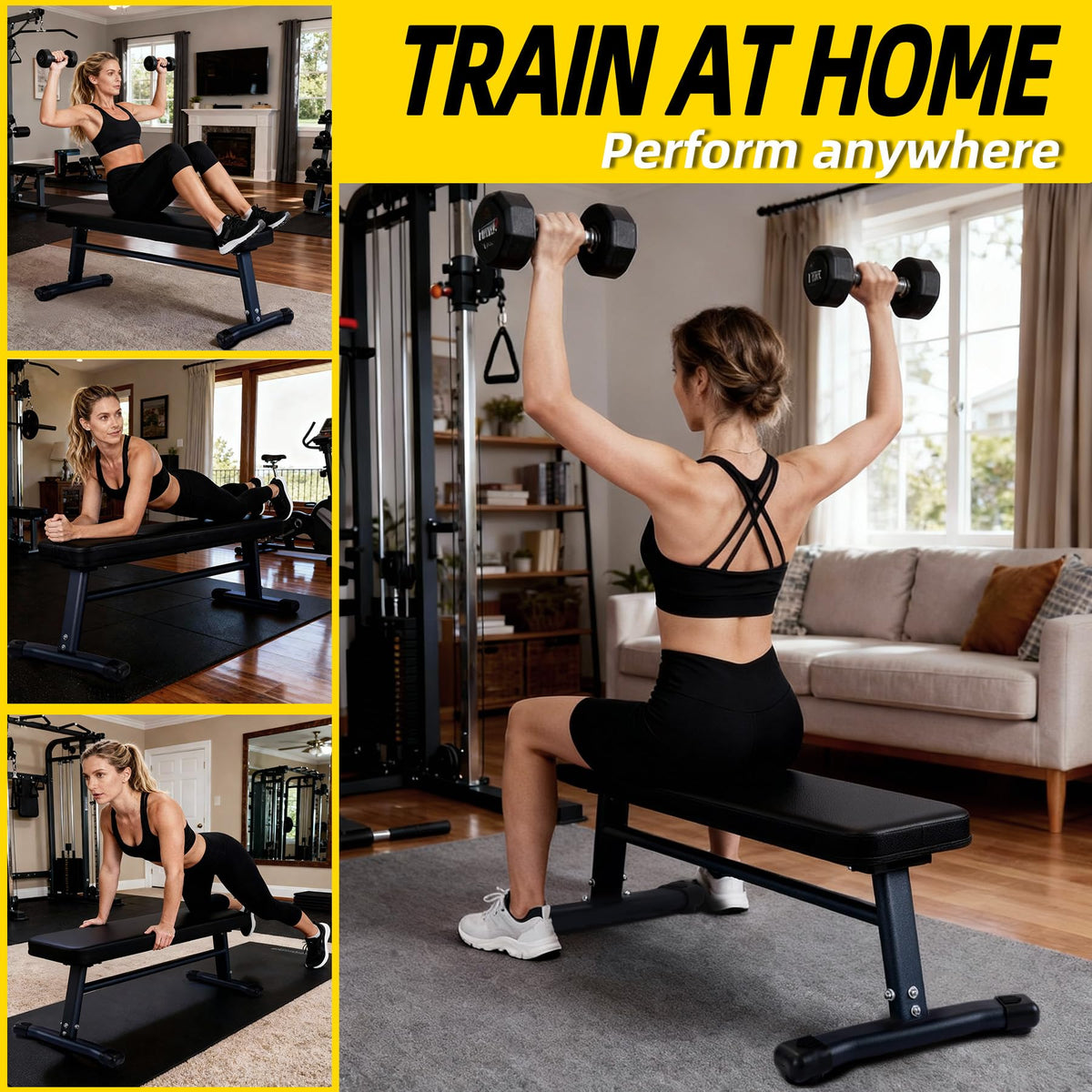 HEMERIS Flat Weight Bench 43 Inch, 2.4 Inch Thick Pad Workout Bench 660 LBS Bench Press Exercise Equipment for Home Gym Strength Weight Training(Black)