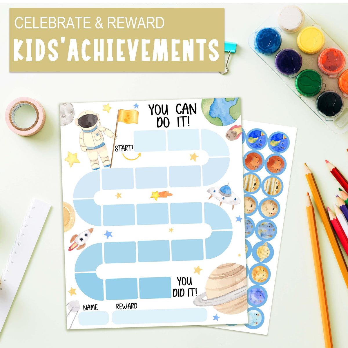 20 Outer Space Astronaut Reward Chart with 432 Round Stickers, Incentive Behavior Chart for Kids at Home Classroom, Kids Routine Daily Chore Sticker Chart-B17