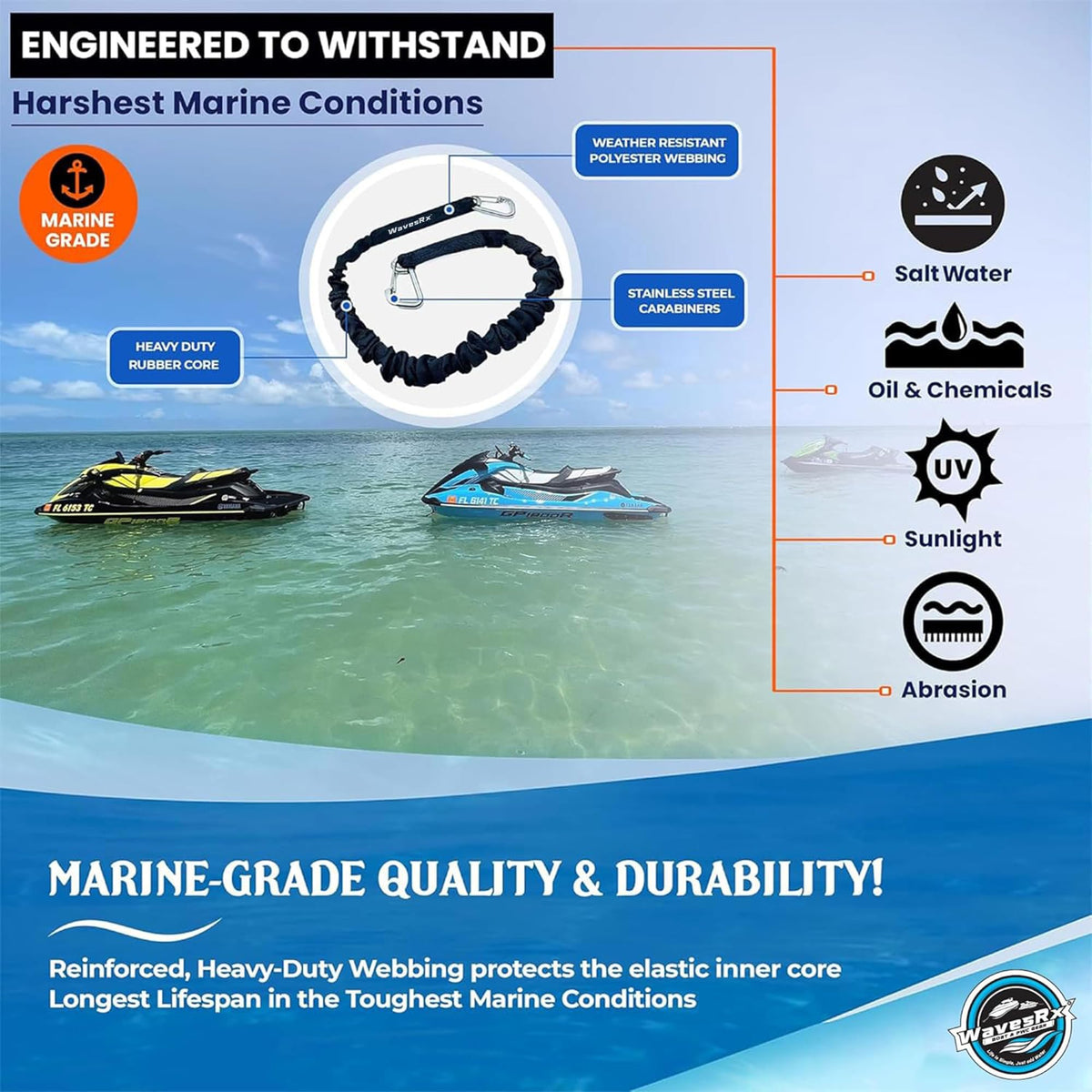 WAVESRX DockingPal™ - Premium Flat Bungee Dock Lines for Boats I Elastic Boat Dock Rope with Stainless Steel Carabiners | Stretches from 3' to 5' | Absorbs Shocks Prevent Damage to Jet Ski & PWC