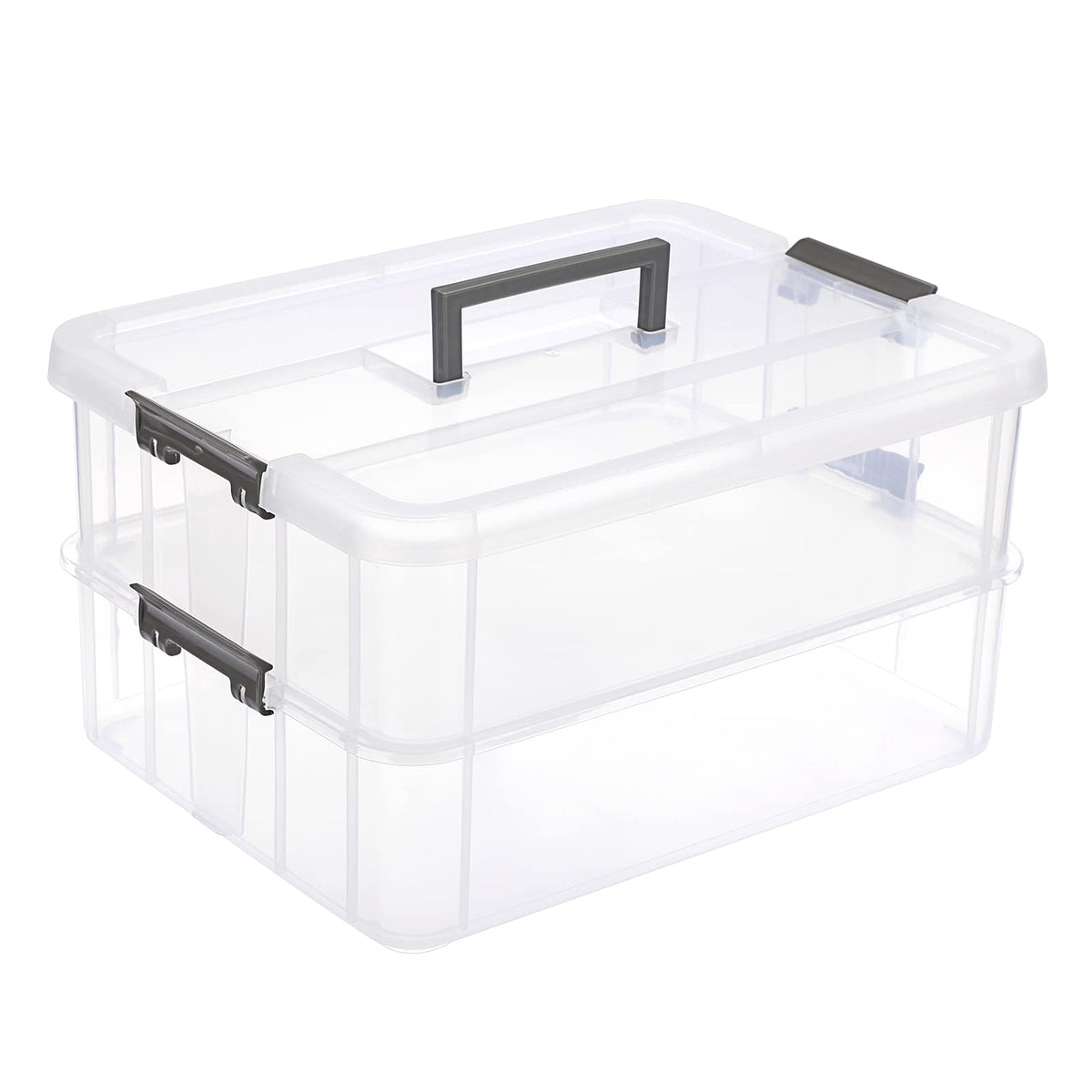 JUXYES 2-Tiers Stack Carry Storage Box With Handle, Transparent Stackable Storage Bin With Handle Lid Latching Storage Container for School & Office Supplies