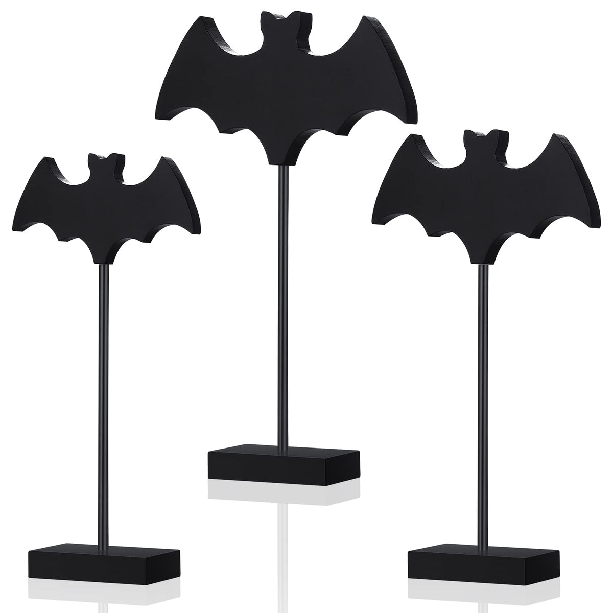 Shellwei 3 Pieces Halloween Wood Table Decor Bat Wooden Table Topper Sign Fall Tall Standing Wooden Centerpiece for Halloween Party Favor Home Room Decor(Black)