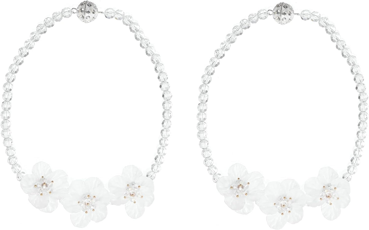 SUQ I OME 2 Pack Crystal Beaded Magnetic Curtain Tieback with 3 Pieces of Flora, Curtain Clips Buckle Curtain Holder Blingbling Curtain Holdbacks(White)