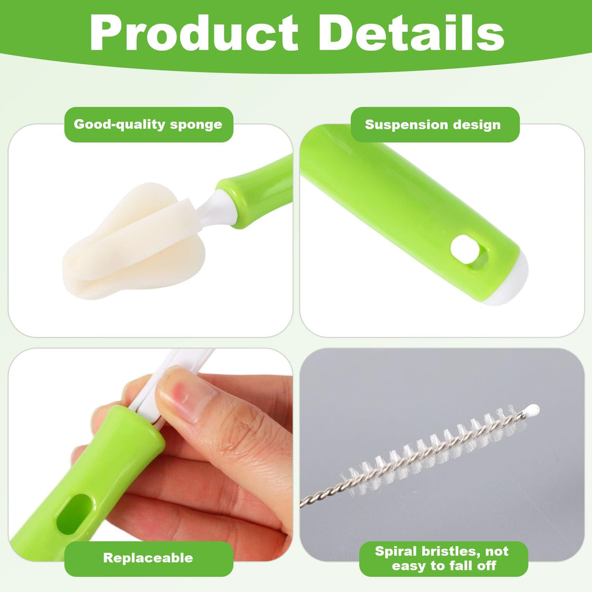 16pcs Sponge Nipple Bottle Brushes Set, Includes 6 Bottle Nipple Cleaners Washer Scrubber with 6 Replacement Brush Heads & 4 Straw Brushes for Cleaning Baby Food Feeders Cups Straws