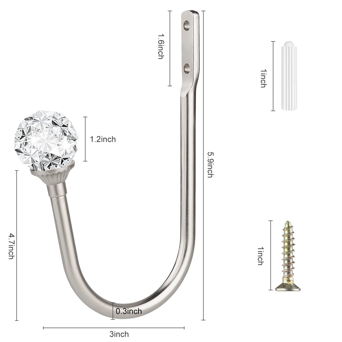 gobutend Curtain Holdbacks, 4 pcs Curtain Tiebacks Hooks for Drapes with Clear Crystal Ball, Wall Mounted Window Curtain Holder for Home Decor, Silver