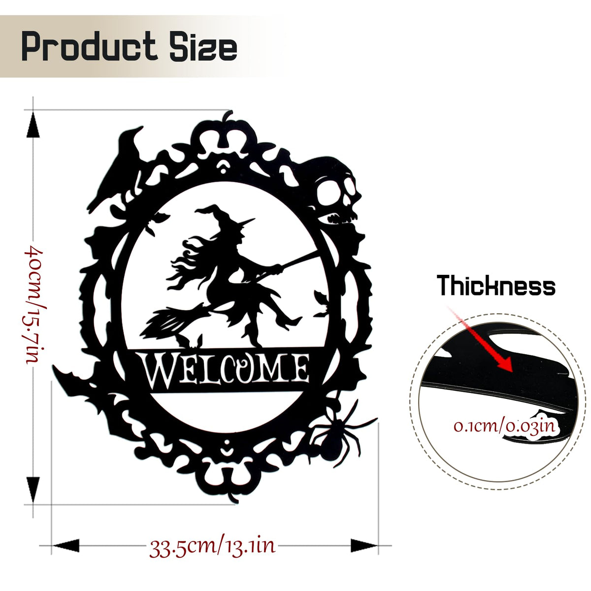 Gothic Witch Welcome Sign, Black Metal Wall Decor with Witch Design,15.63 x 12.6 inch, Indoor Outdoor Decorative Plaque