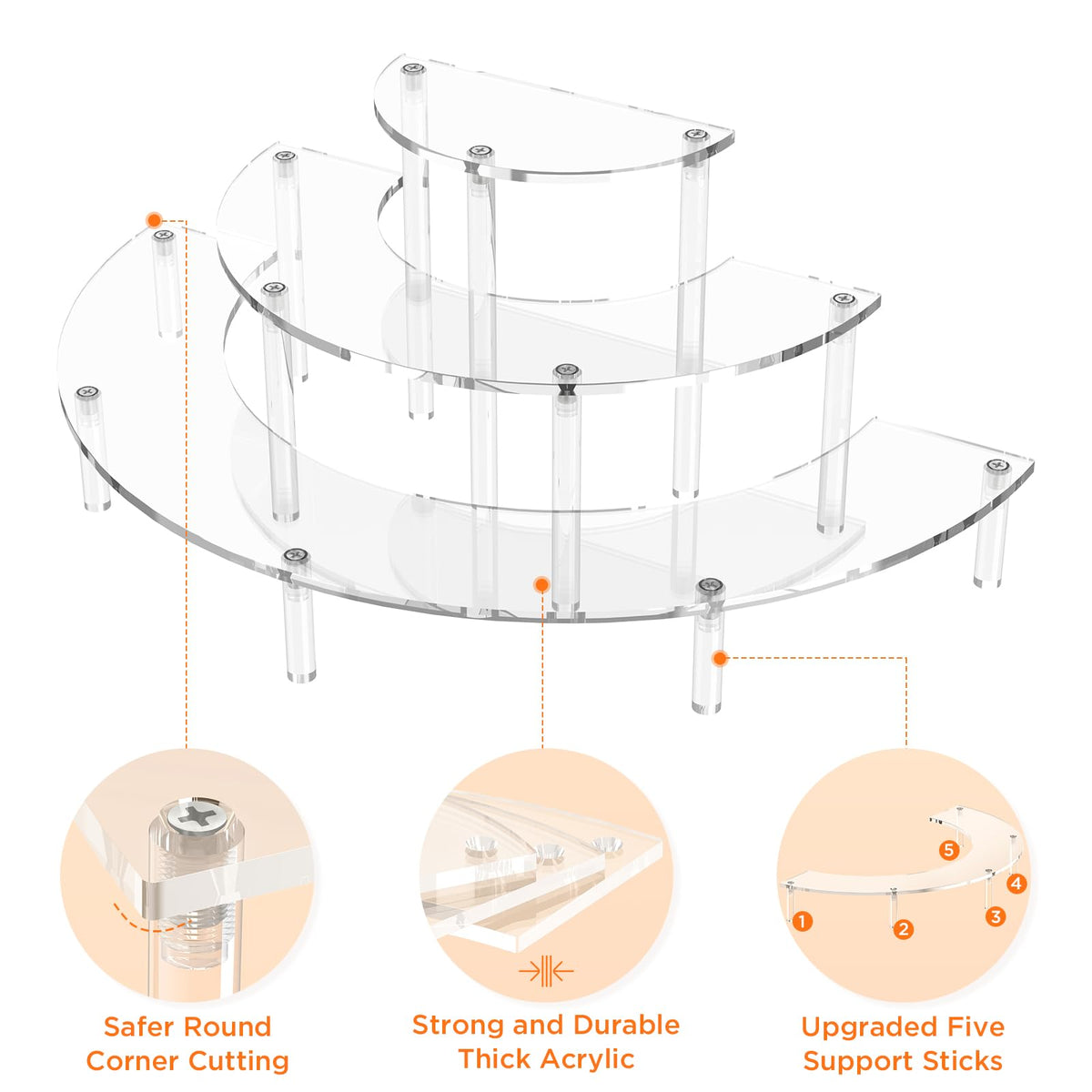 Dooiclear 3 Tier Acrylic Display Risers 2 Pack, Half Moon Cupcake Stand, Clear Perfume Organizer, Dessert Stand for Display, Clear Display Stand for Food, Cupcake, Perfume, Collections