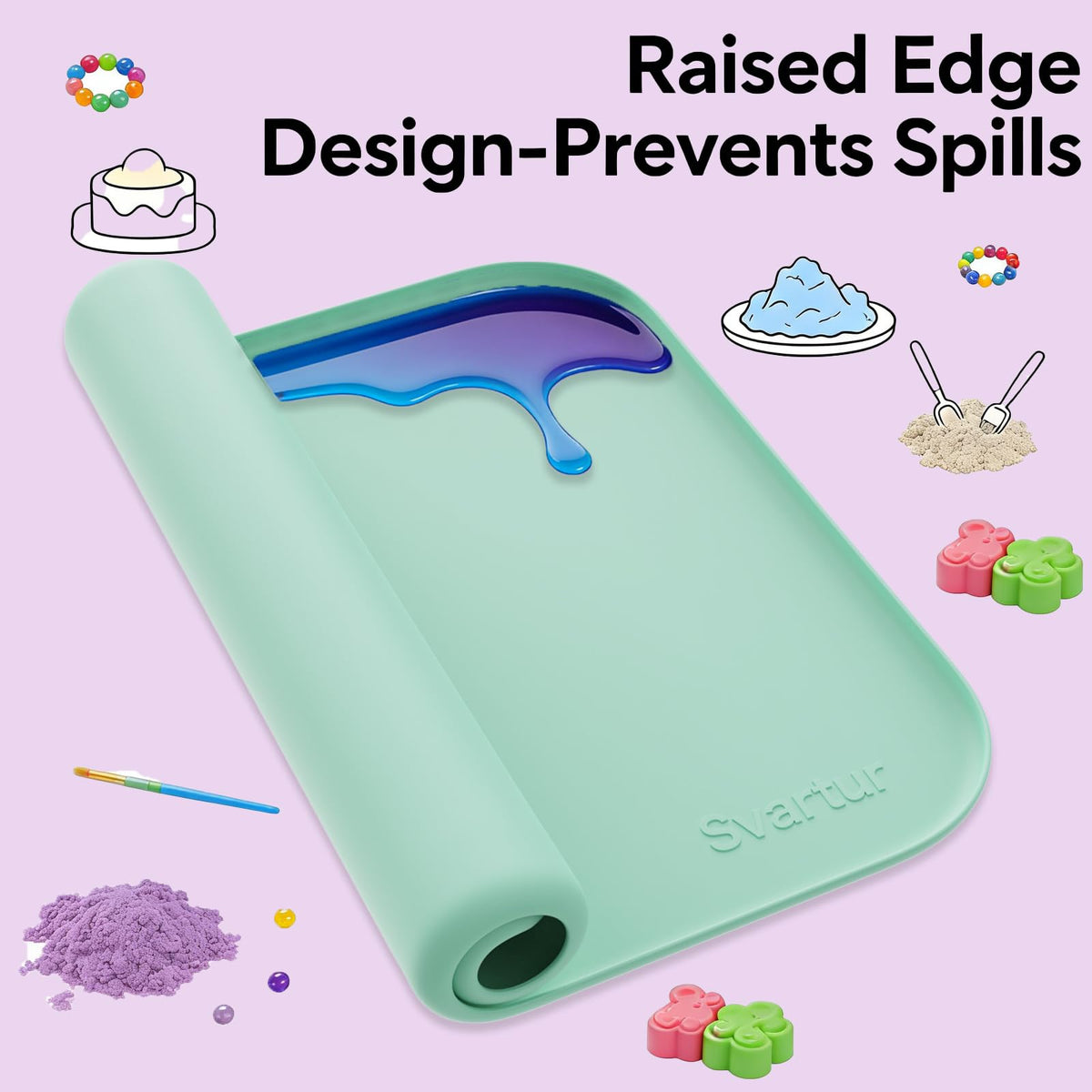 Silicone Craft Mat 24" x 16" with Raised Edge, Roll-Up Design with Storage Strap, Multi-Purpose Desk & Table Protector Silicone Art Mat for Crafts, Painting & DIY, Light Green