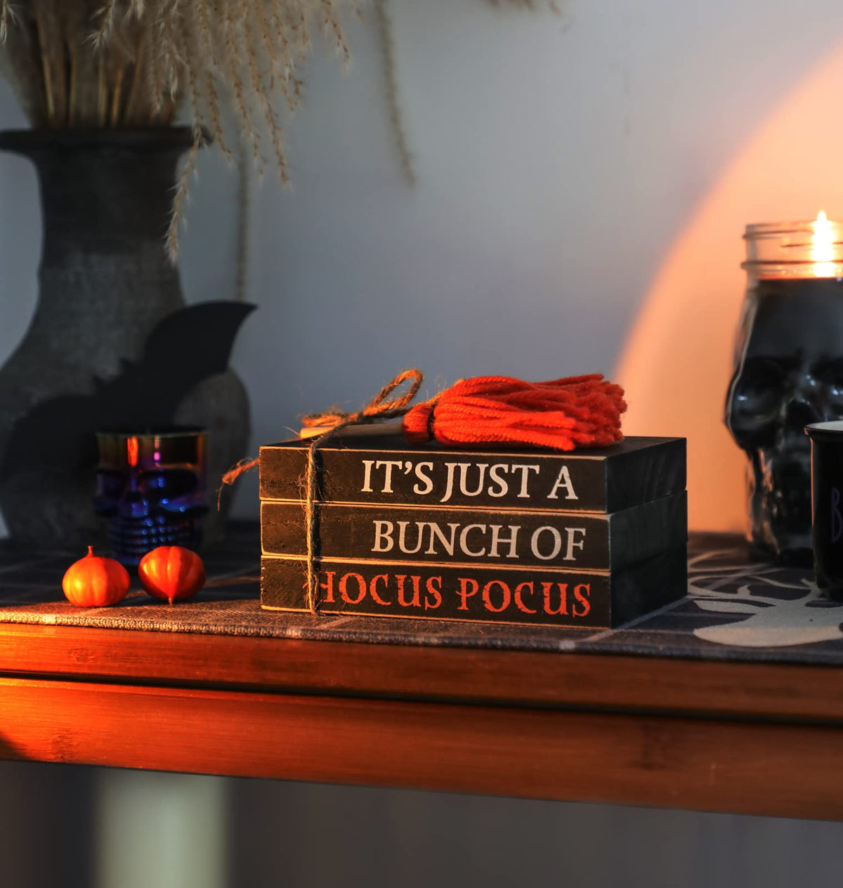 Halloween Wood Book Stack, Hocus Pocus Mini Faux Books Bundle, Halloween Tiered Tray Decor for Home Table Mantle Shelf