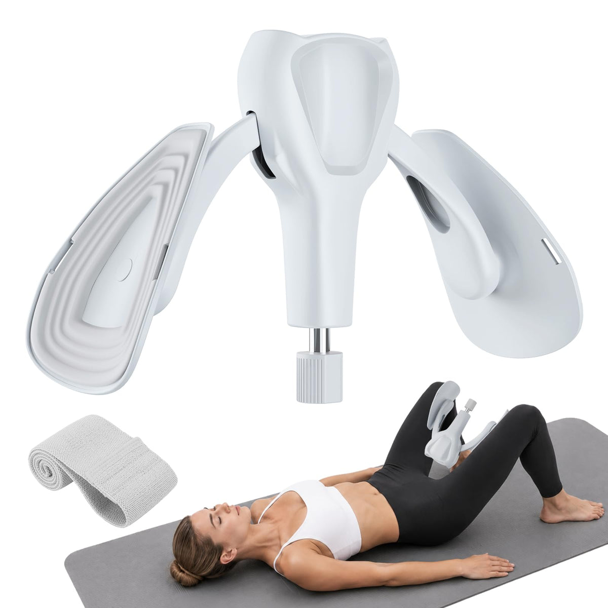 Pelvic Floor Exercise Devices 77 lb Adjustable Kegel Inner Thigh Exerciser and Hip Trainer Workout Equipment for Home Postpartum Recovery Women Men, with Band, Grey