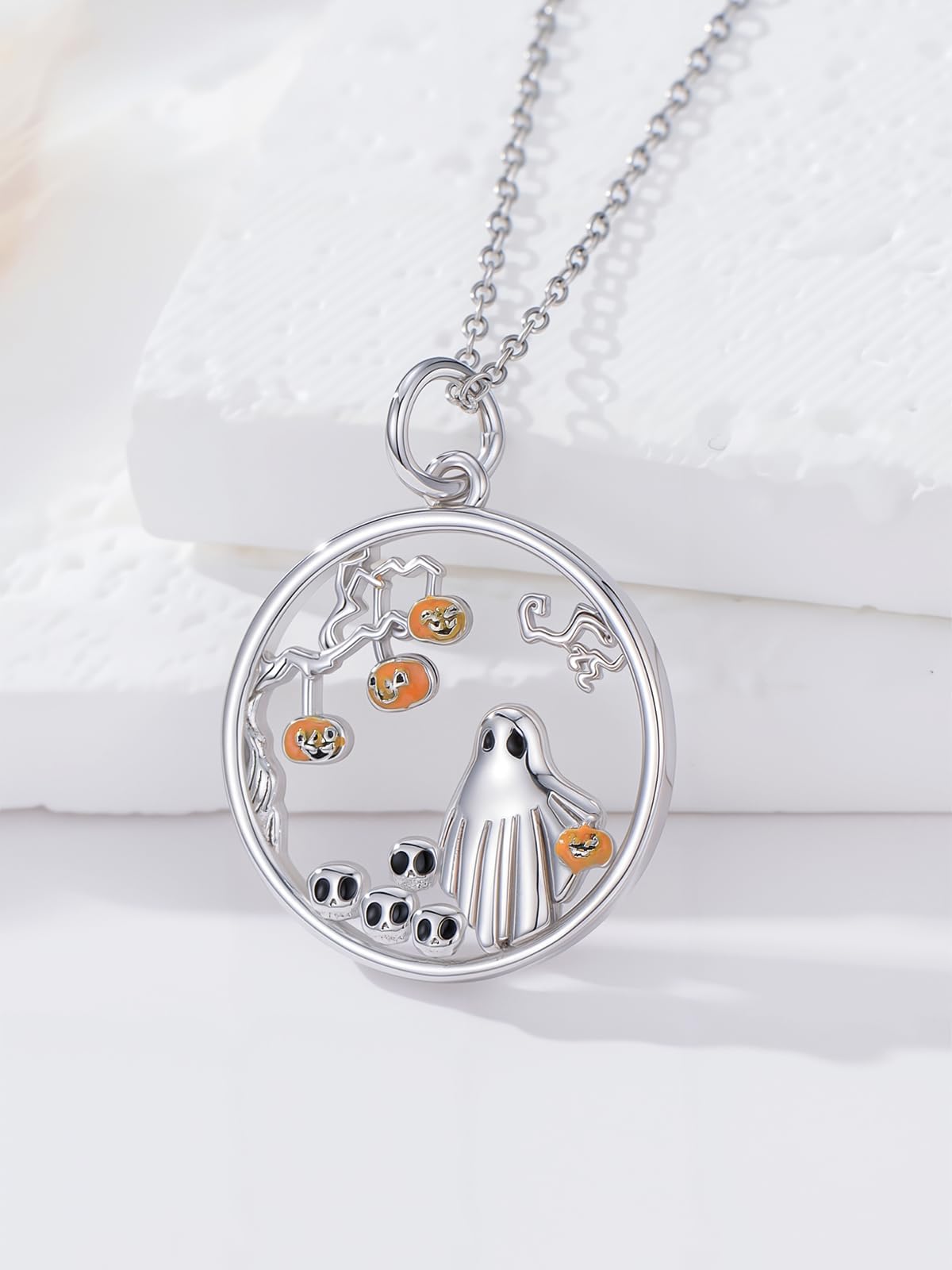 Dorunmo Ghost Pumpkin Necklace 925 Sterling Silver Ghost Pendant Necklace Halloween Ghost Jewelry Gifts for Women