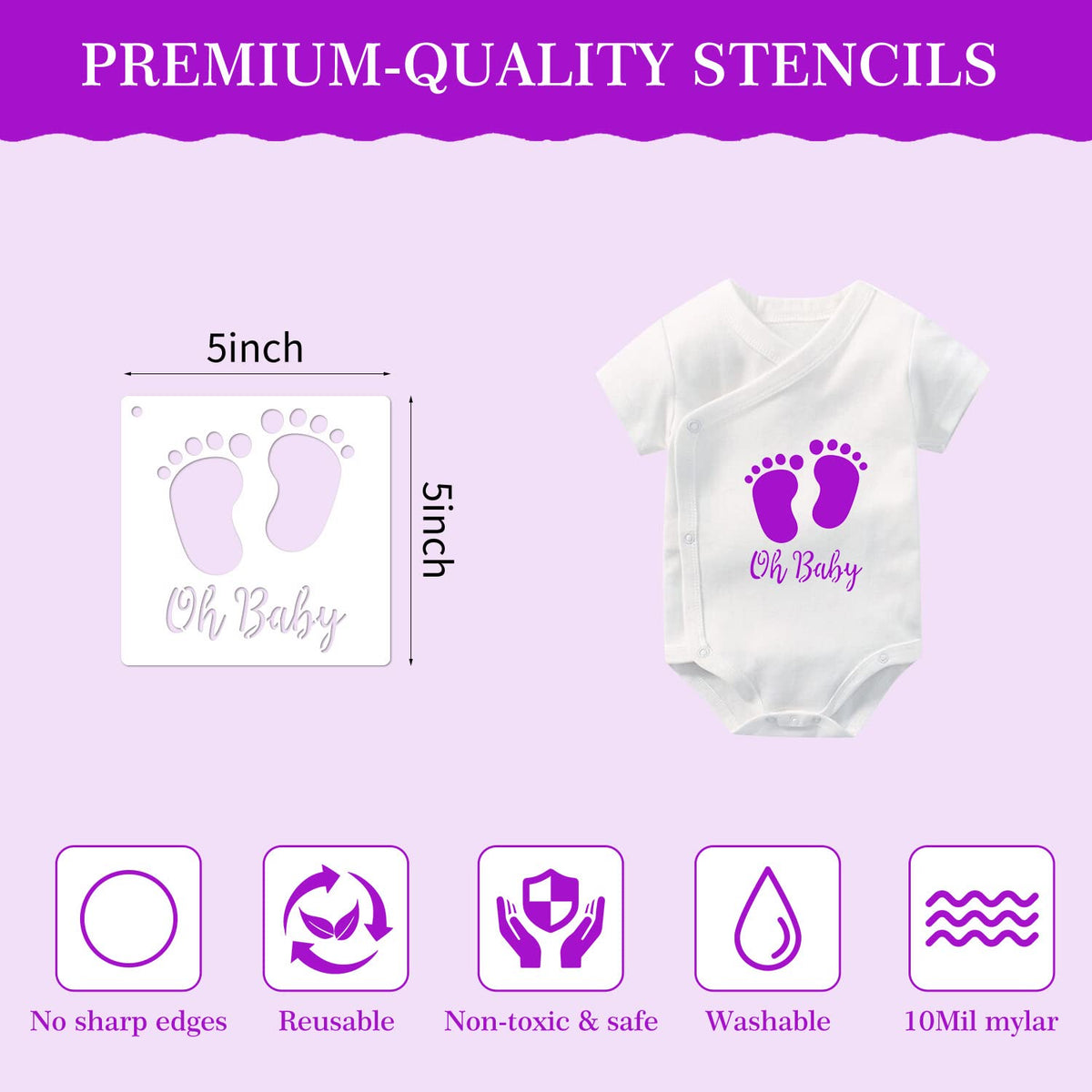 30 Pieces Baby Shower Stencils, 5 Inch Cute Onesie Stencil Reusable Mixed Phrase for Painting, Small Animals Template for Bodysuit Shirts Shoes Bibs Clothes
