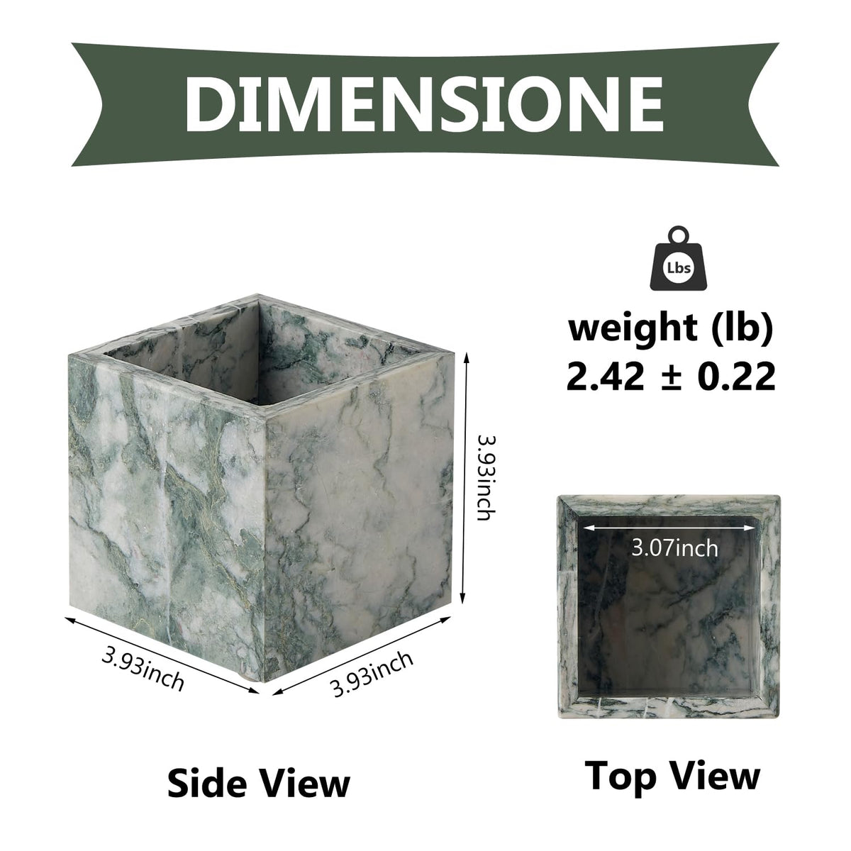 Real Luxurious Natural Marble Toothbrush Holder & Makeup Brush Organizer & Pen Holder for Desk,3.93inch Square Marble Utensil Holder Non-Ceramic/Non-Resin （Cyan Green）