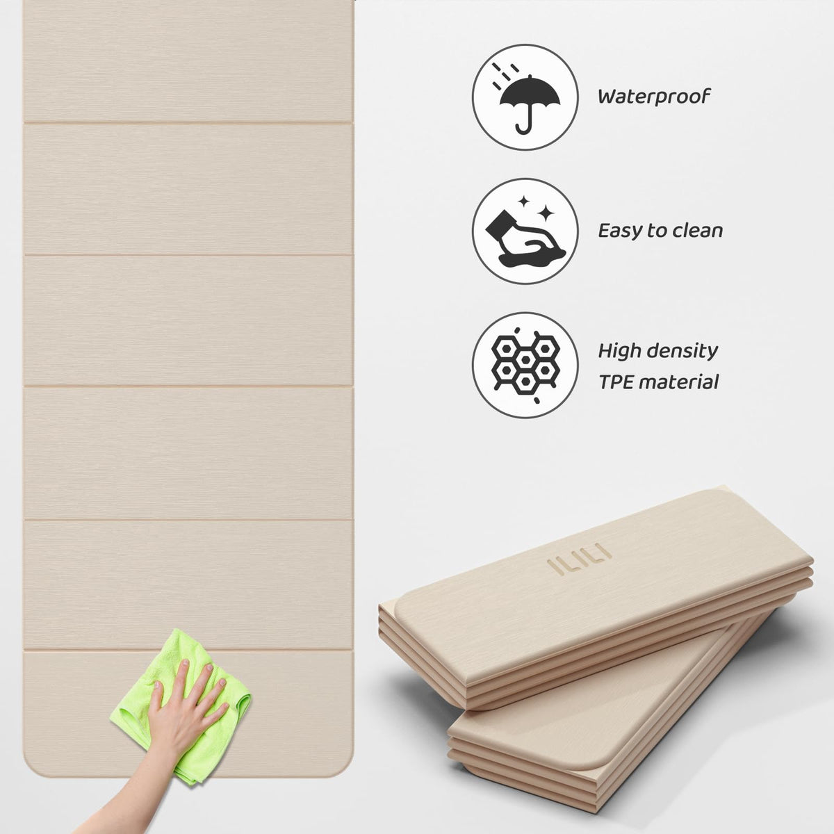 ILILI Foldable Yoga Mat 71 * 24 * 0.3'' - TPE Non-Slip Fitness Mat for Home，Waterproof & Lightweight (2lb) for Home Gym, Pilates & Stretching,Fitness Workouts (Beige)