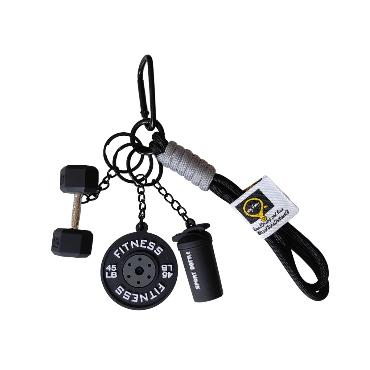 HeriNova Black Dumbbell and Weights Keychain for Gym Lovers, Fitness Themed Bag Purse Charms & Car Key Accessory for Men and Women, Workout Gift Idea