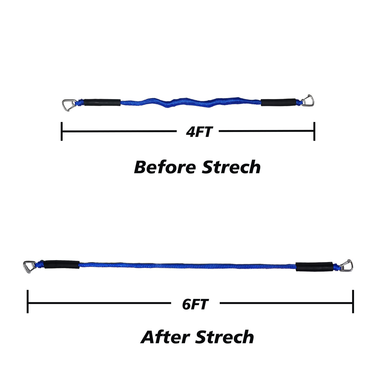 ZRSCHYG Blue Bungee Dock Lines 2-Pack with Double Hooks & Floating Tubes – Heavy Duty Boat Ropes for Jet Ski, Pontoon, Kayak – 4ft to 6ft, 316 Stainless Steel, Shock Absorbing