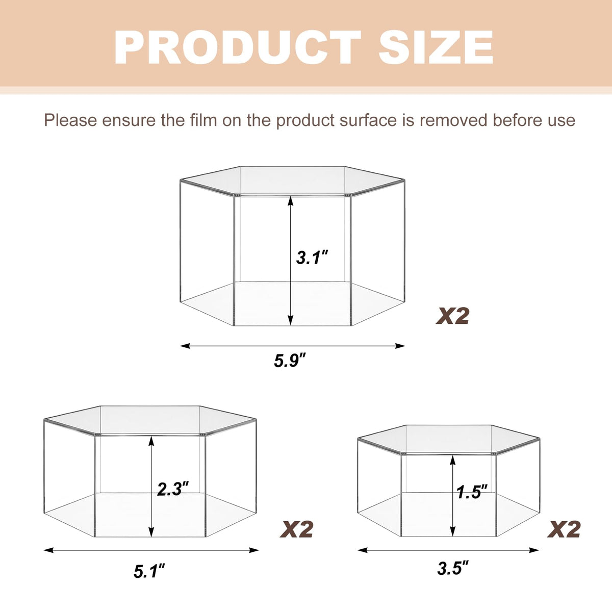 Jerify 6 Pcs Acrylic Risers Display Stands, 5.91'' 5.12'' 3.54'', Clear Hexagon Nesting Pedestal Shelf with Hollow Bottom for Tabletop Jewelry Display, 3 Sized