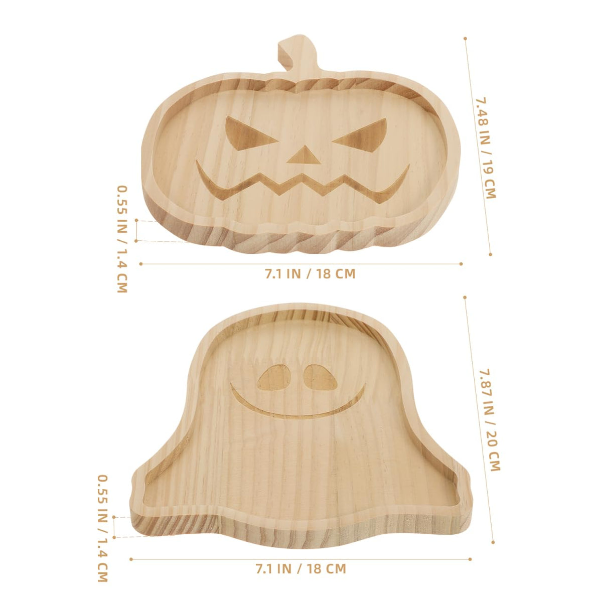 JECOMPRIS Halloween Wooden Pumpkin Tray and Ghost Snack Serving Dish 7.5 Inch Food Plate for Party Home Decor and Entertaining