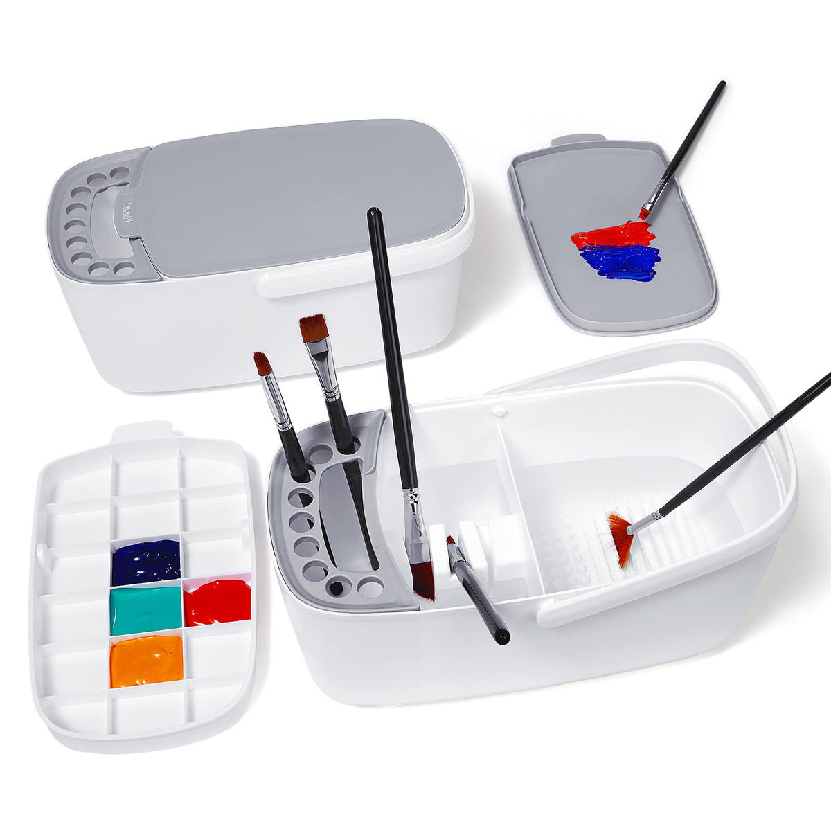 GAMENOTE Paint Brush Cleaner - Paint Brush Holder with Palette and Handle,Rinser for Acrylic, Watercolor, and Water-Based Paints, Painting Art Supply Storage Organizer (White+Grey)