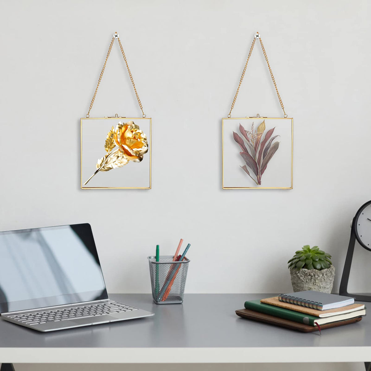 JUXYES 2 Pack Wall Hanging Brass Frame for Pressed Flowers, Glass Floating Frames for Display Dried Flowers Artwork, Double Glass Floating Style Square Gallery Wall Frame for Plants Photo Picture Poster etc