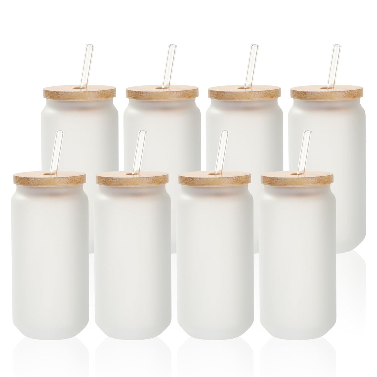 PYD Life 8 Pack Sublimation Glass Cans Blanks Frosted Bulk18 OZ with Bamboo Lid and Clear Glass Straw Beer Cans Wide Mouth Jar Tumbler Cups Mugs for Iced Coffee,Juice,Soda,Drinks,Beer