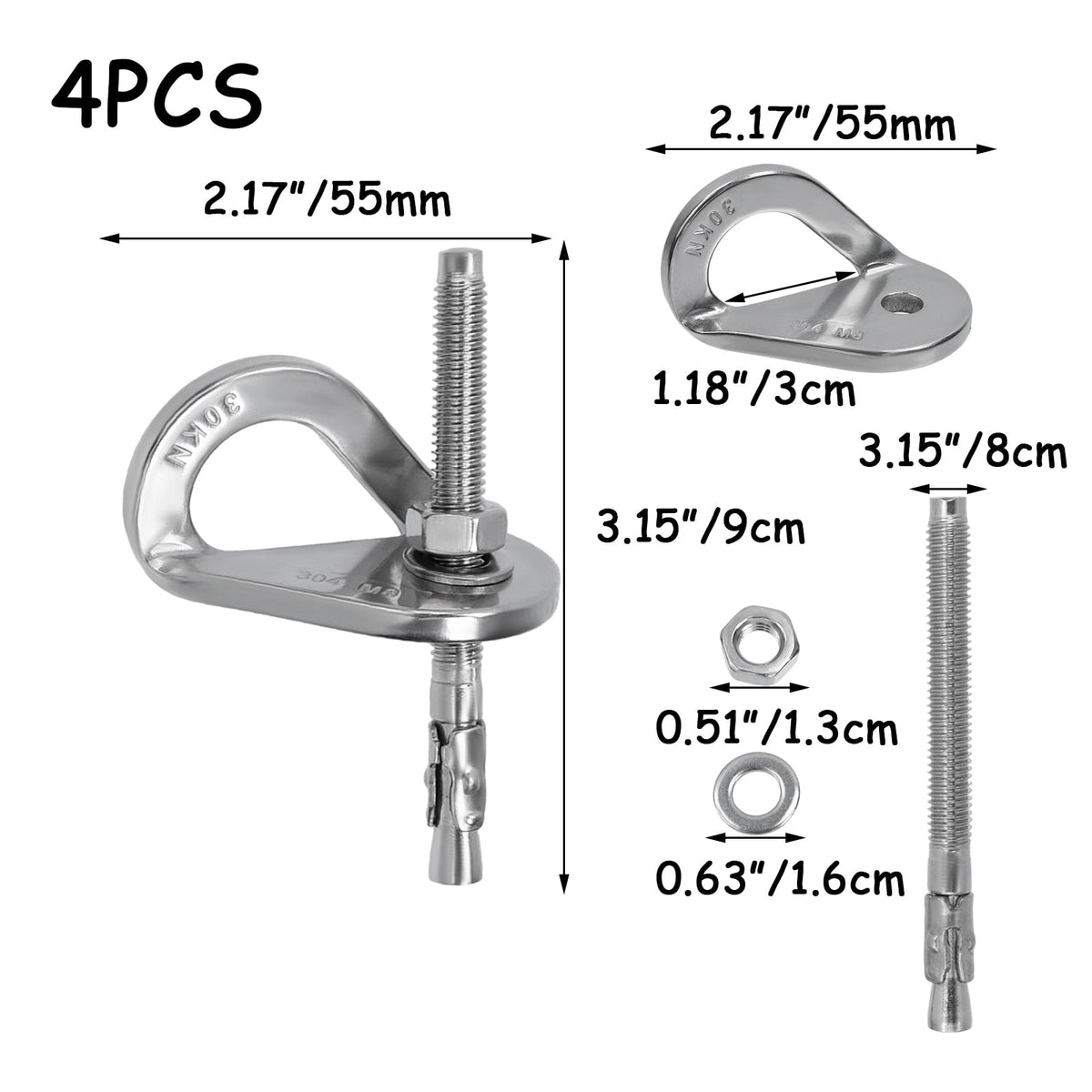 HEVSTIL 4-Pack Bolt Hanger for Climbing – 30kN Stainless Steel Rock Anchor Hanger for 8mm (1/3") Bolts for Rock Climbing, Mountaineering