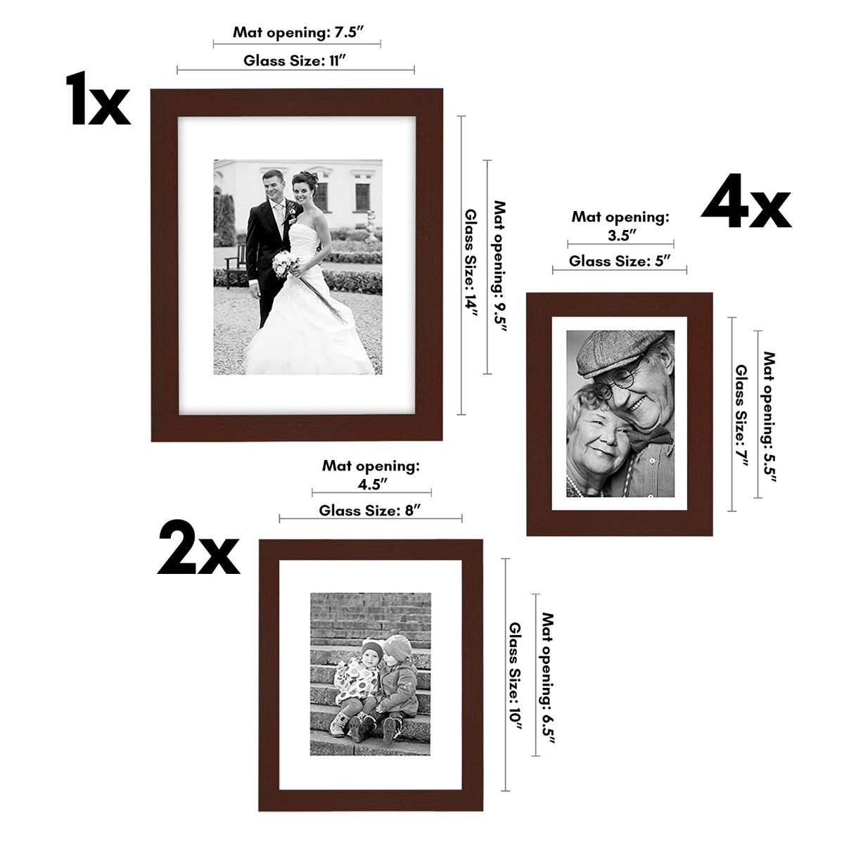 Americanflat Set of 7 Picture Frames with Shatter-Resistant Glass - Gallery Wall Frame Set with One 11x14, Two 8x10 and Four 5x7 Frames - Signature Collection - Mahogany