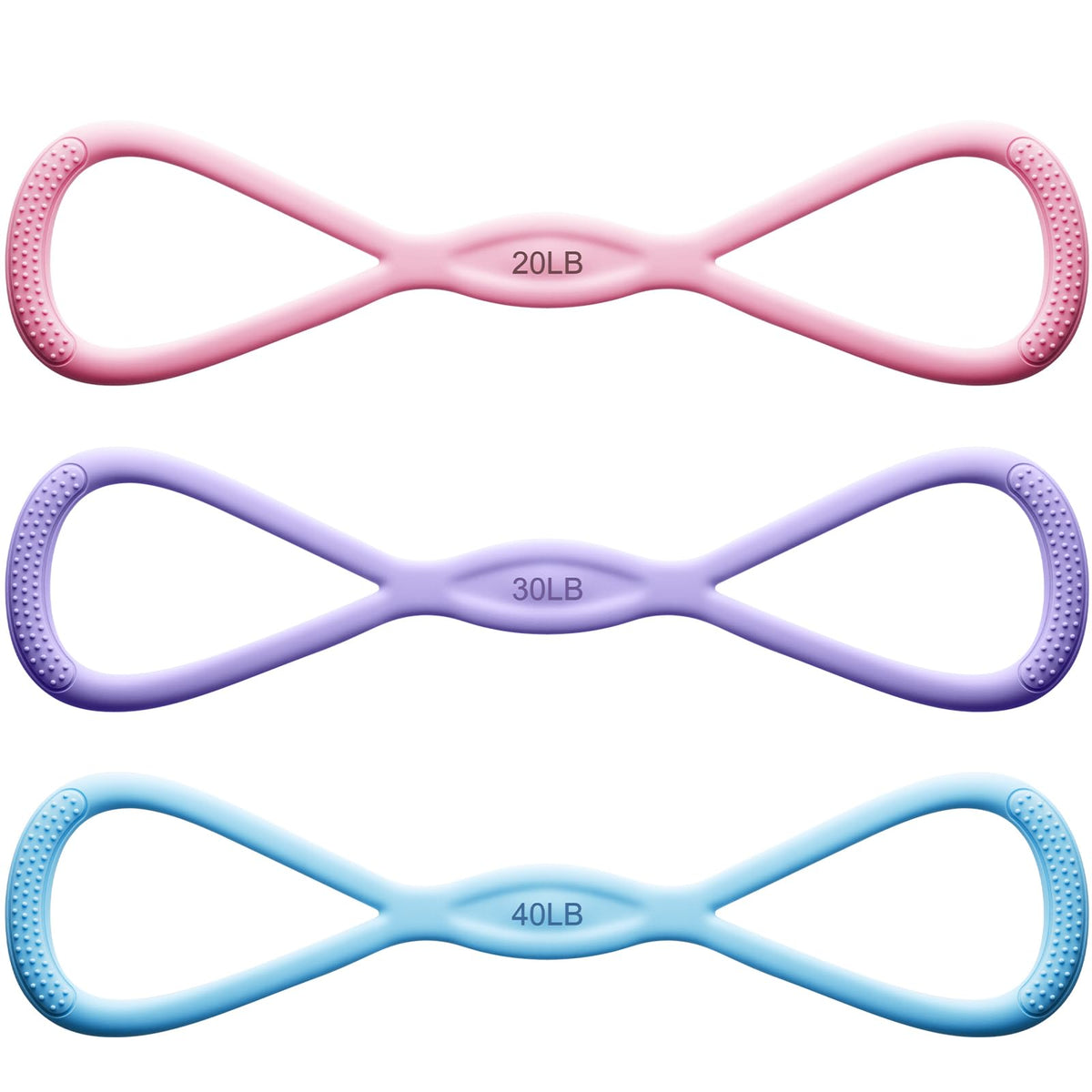 Soulchen 3 Pack Figure 8 Resistance Band with Handles, 8 Shaped Exercise Band for Back, Arms, Shoulder, Leg Stretching, Yoga, Gym Workout (20/30/40 Lbs,Pink,Purple,Blue)