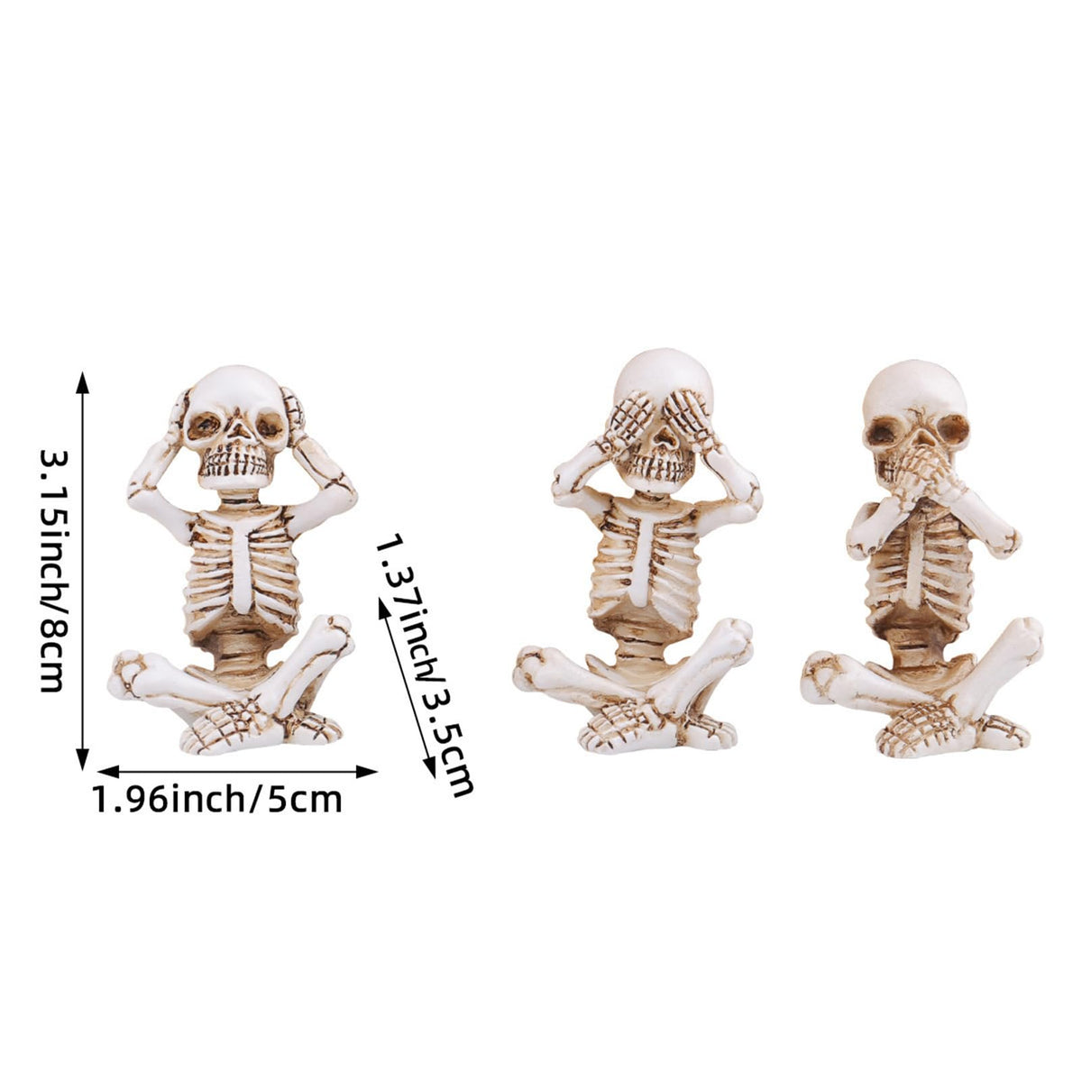 EMINGSKY 3 Pcs Halloween Skull Figurine Hear See Speak No Evil Baby Skeleton Figurine 4.8 Inch Resin Home Decor for Cemetery Desk Bookshelf Office