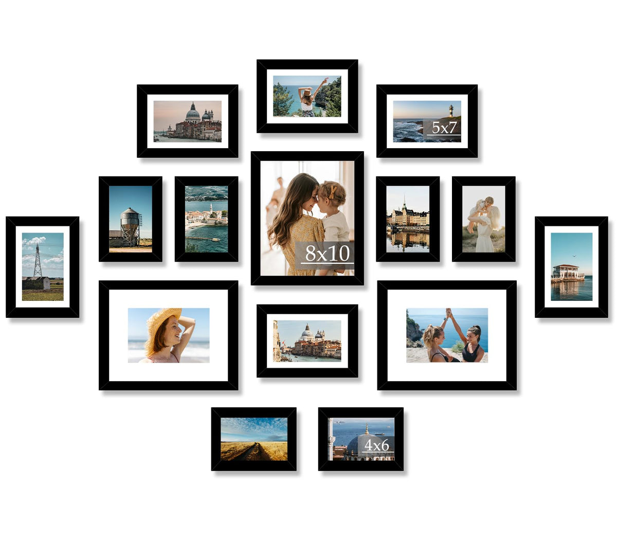 JCJMY 15 Pack Picture Frames Collage Wall Decor for Wall Hanging or Tabletop, Gallery Wall Frame Set for Family, Multi Sizes Photo Frames Collage Including 3Pcs 8x10, 6Pcs 5x7, 6Pcs 4x6, Black