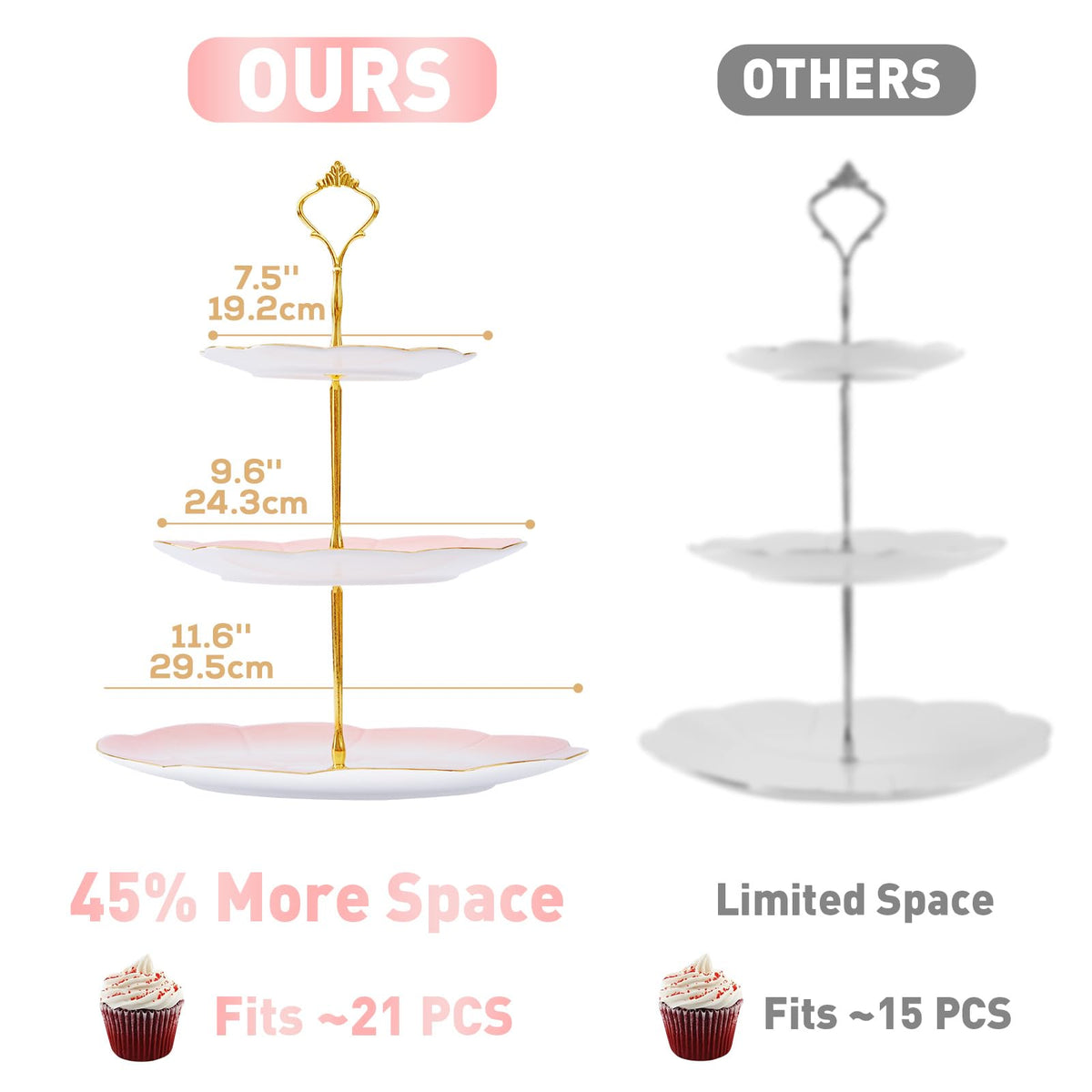 DUJUST Luxury Larger 3-Tier Cupcake Stand Tower, British Style Porcelain Serving Tray with Golden Trim, Food Grade Dessert Display Stand for Tea Party & Home Décor - 45% Gradient Pink Larger Plates