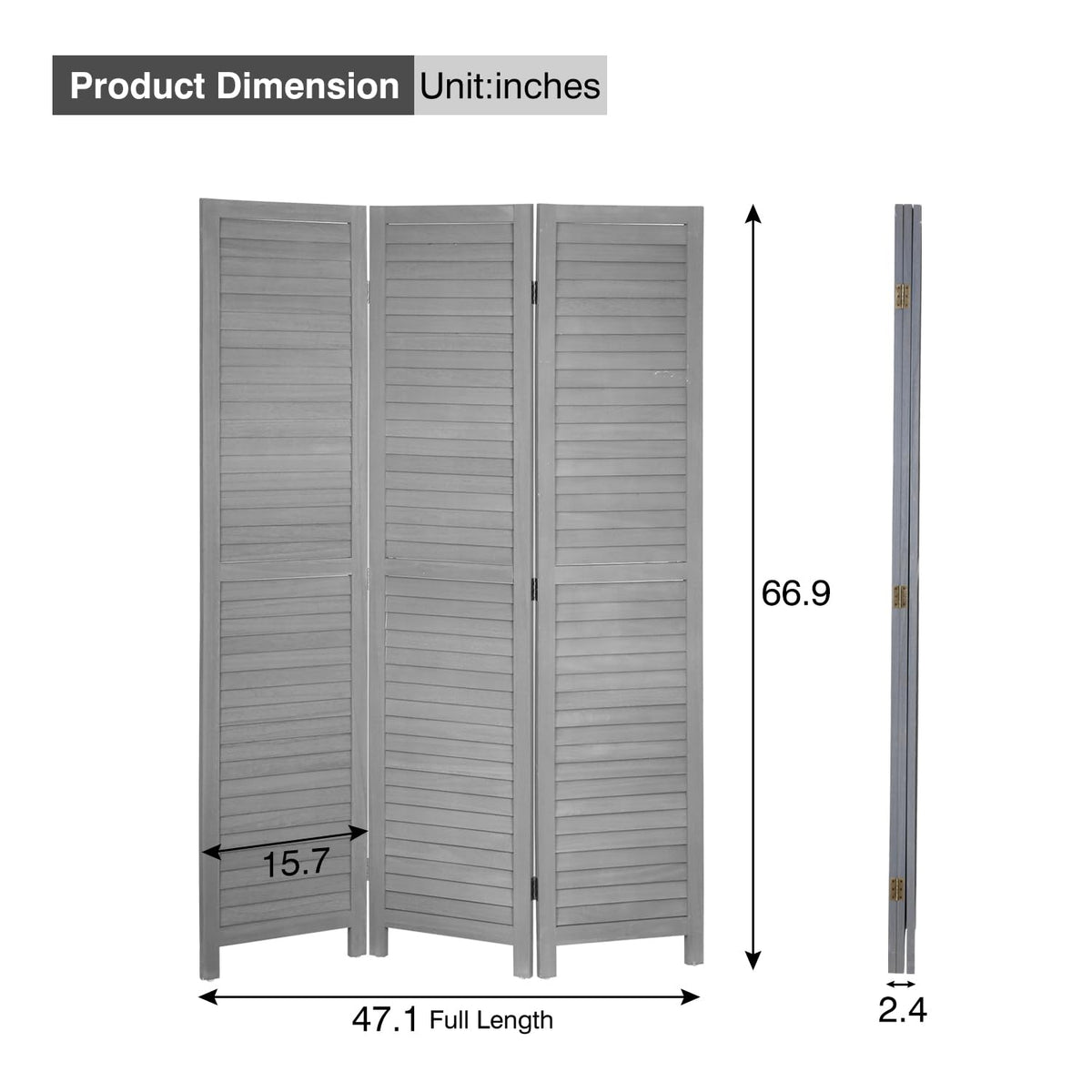 3 Panel Wood Room Divider 5.7 Ft Tall Privacy Wall Divider 67.7" x 16.9" Each Panel Folding Wood Screen for Home Office Bedroom Restaurant （Gray）