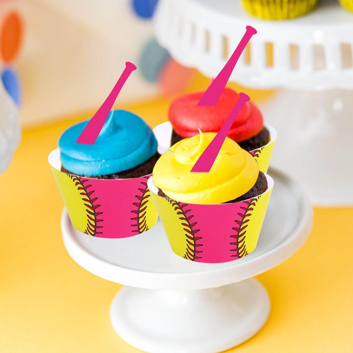 Whaline 36 Pcs Softball Cupcake Wrappers and Toppers Pink Bat Cupcake Liners Decorative Dessert Holders for Sweet Sport Party Cake Decoration