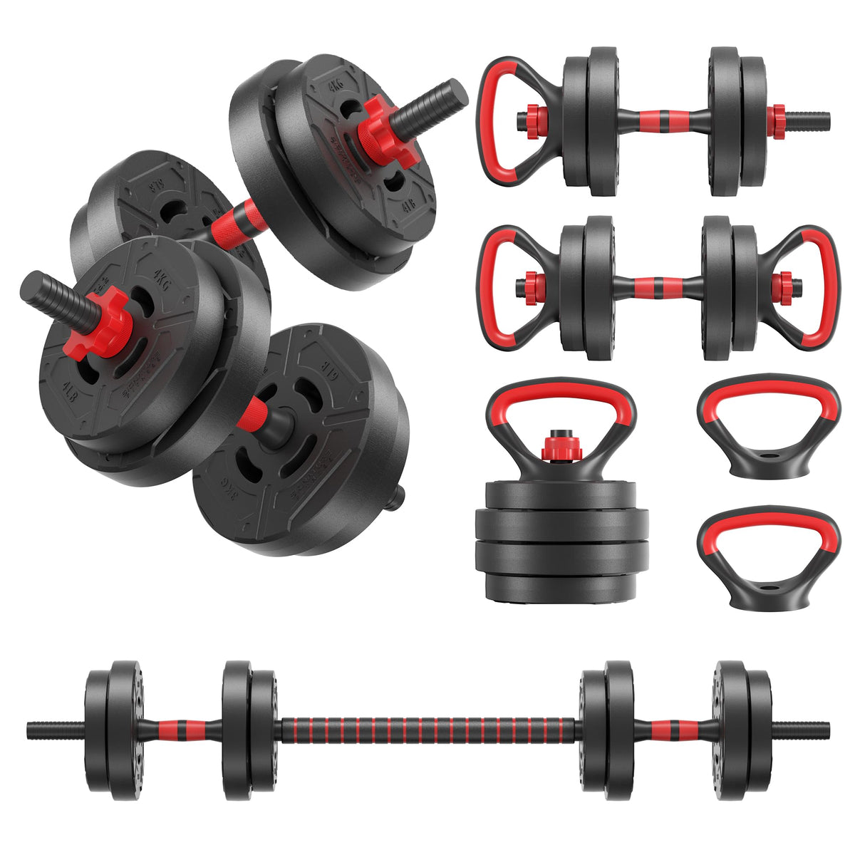 Fitvids Multi-Functional Changeable Dumbbell and Barbell Kettlebell Set with Adjustable Weights, 40LBS, 4 in 1