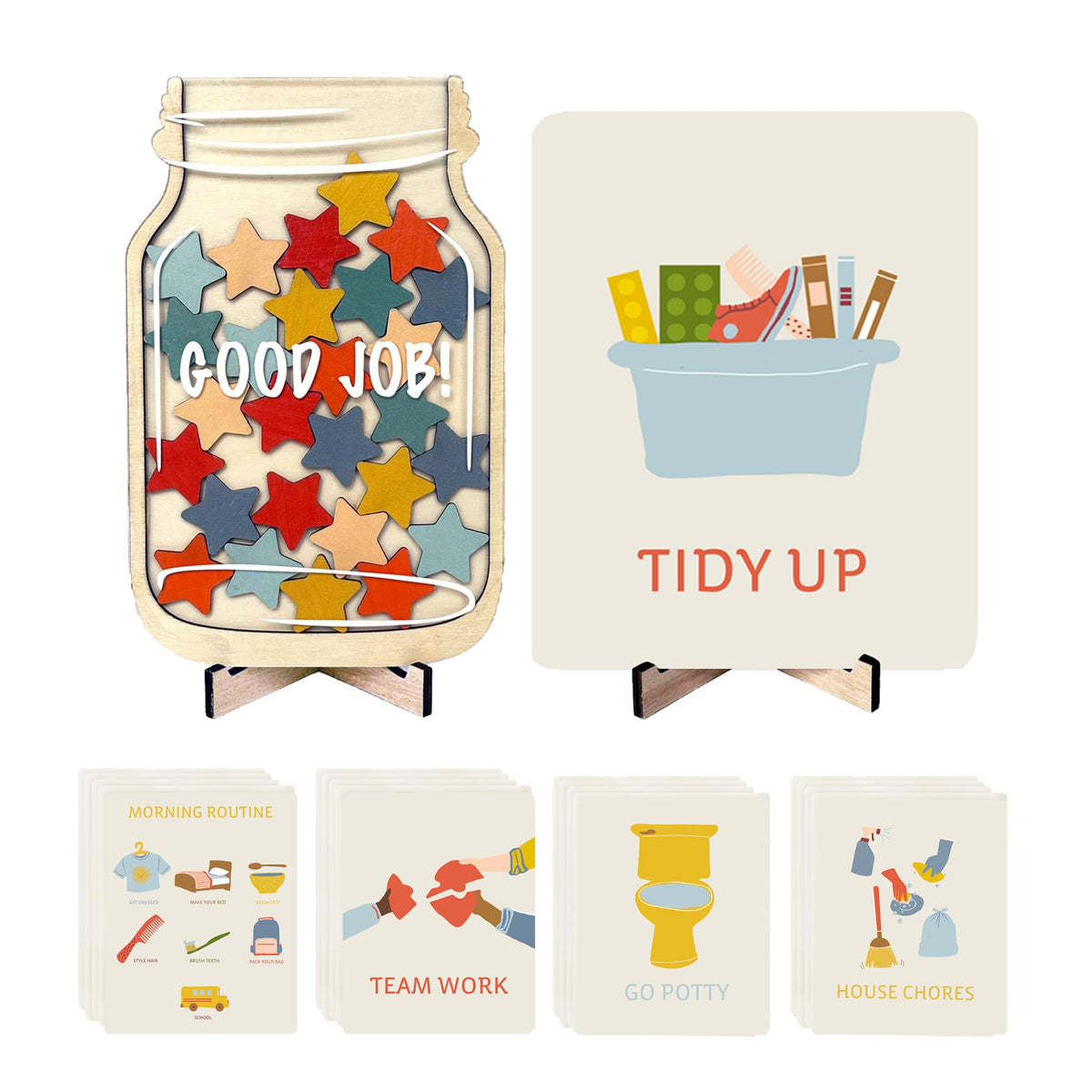 Magnetic Reward Jar System with Illustrated Flash Cards – Visual Chore Chart and Behavior Tracker for Daily Routines at Home or Classroom