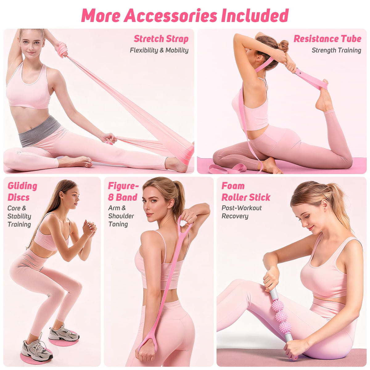 Home Pilates Kit for Women: Pilates Equipment Pilates Ring and Ball Set with Resistance Bands, Core Slider, Foam Roller, Pilates Essentials Kit for Beginner Home Workout, Compact Toning Fitness, Pink