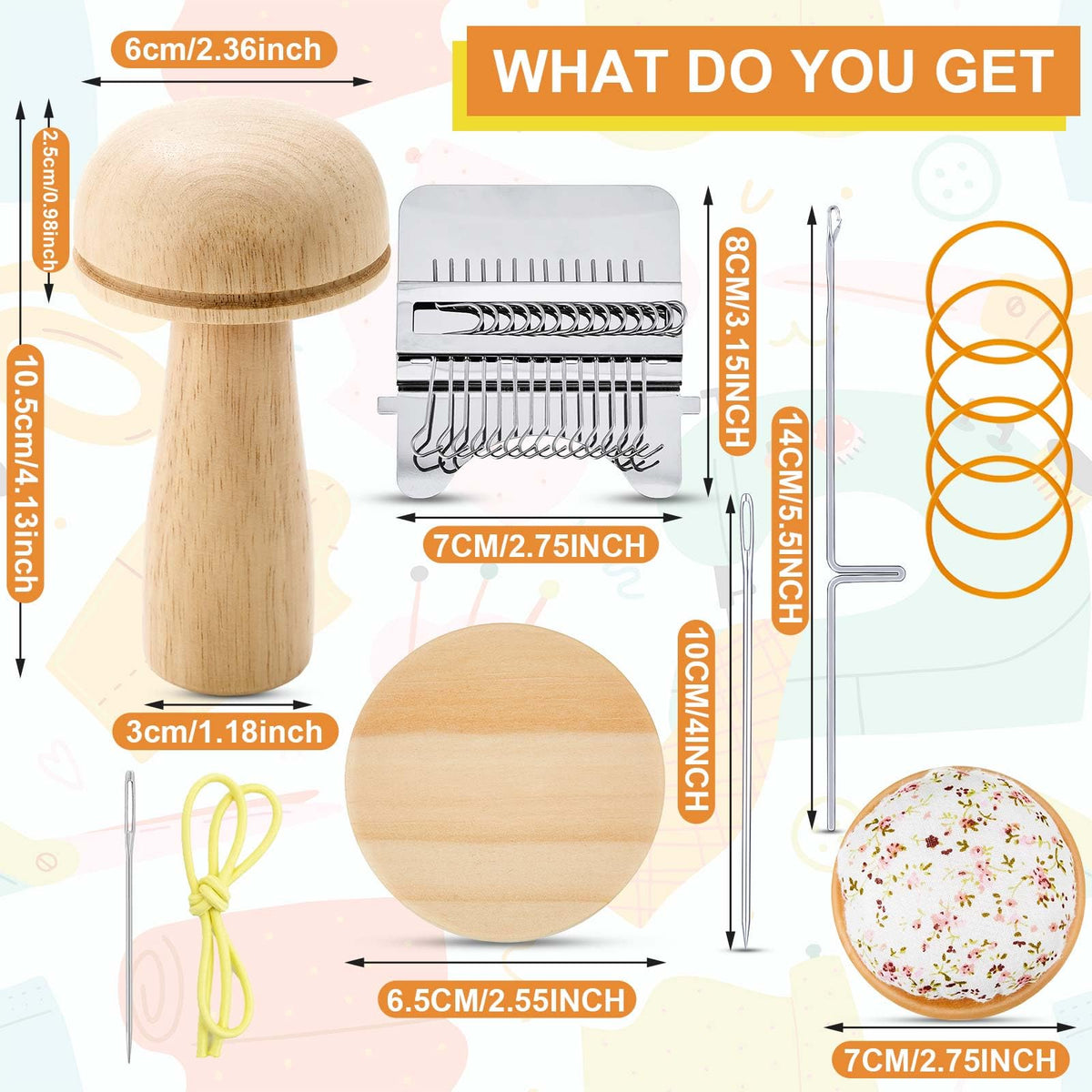 Jexine Mini Darning Mushroom for Socks 14 Hooks Small Speedweve Style Weaving Darning Loom with 9 Pcs Large Eye Needles 50 Colors Thread for Handcraft DIY Weaving Repair Tool