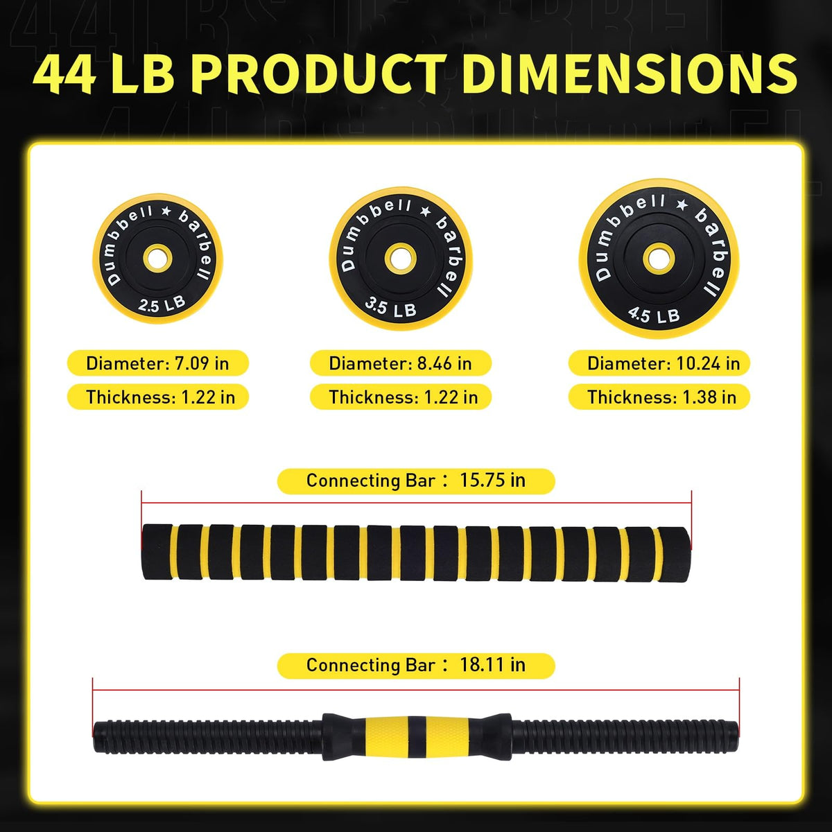 2-in-1 Adjustable Weight Set 44 Lb, Adjustable Weights with Foam Shoulder Connector Used As Dumbbell and Barbell Set, Yellow